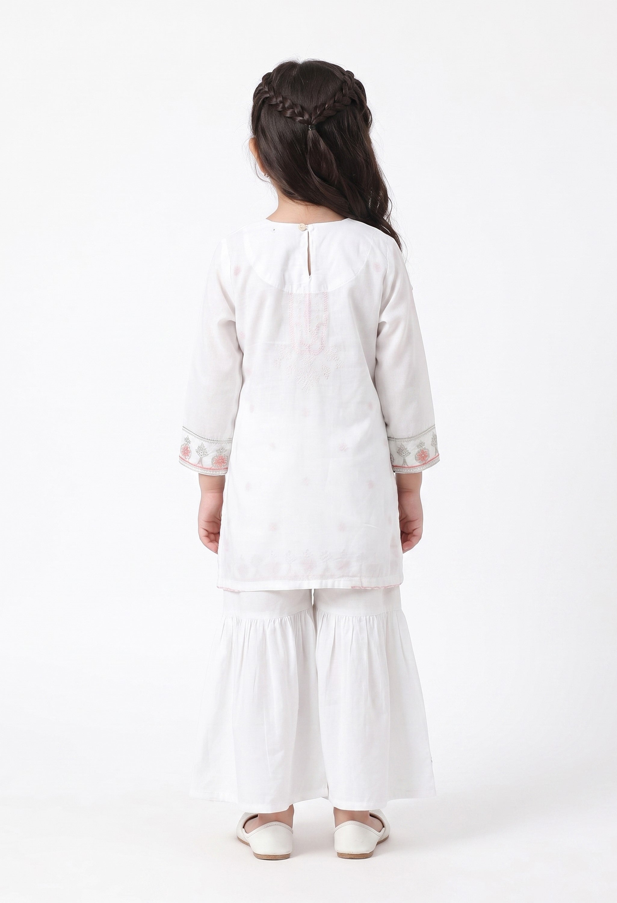 Bella Moda Girls White Embroidered Kurta with Sharara Set AUETH819AD