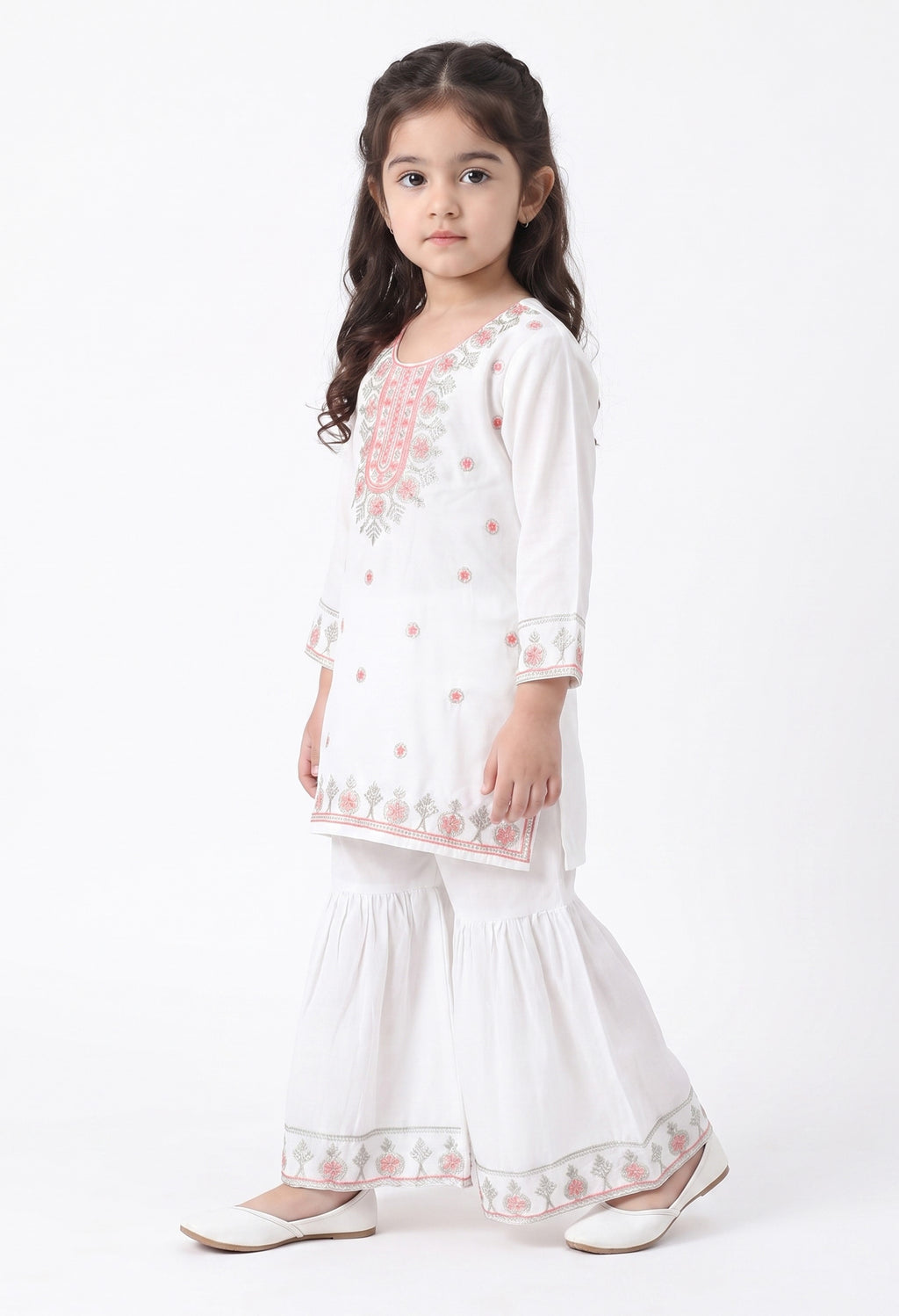 Bella Moda Girls White Embroidered Kurta with Sharara Set AUETH819AD