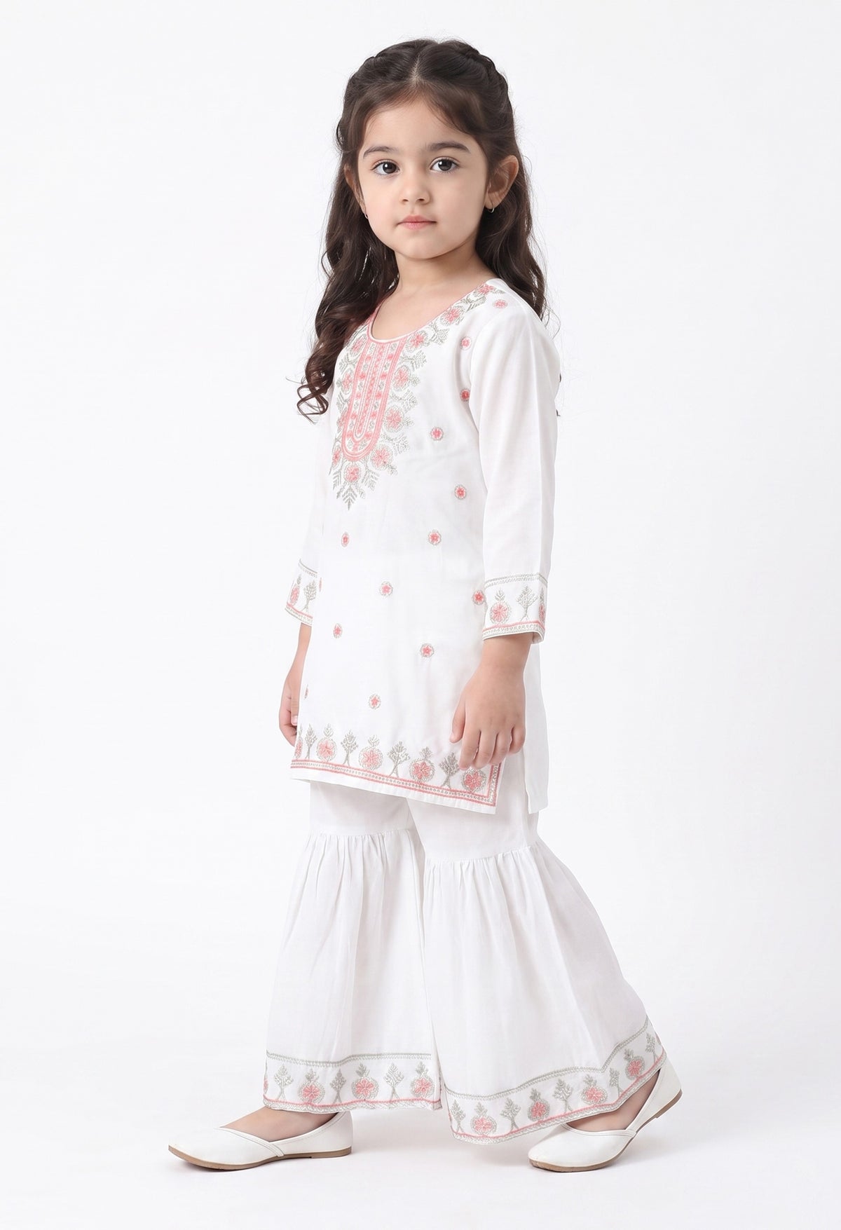 Bella Moda Girls White Embroidered Kurta with Sharara Set AUETH819AD