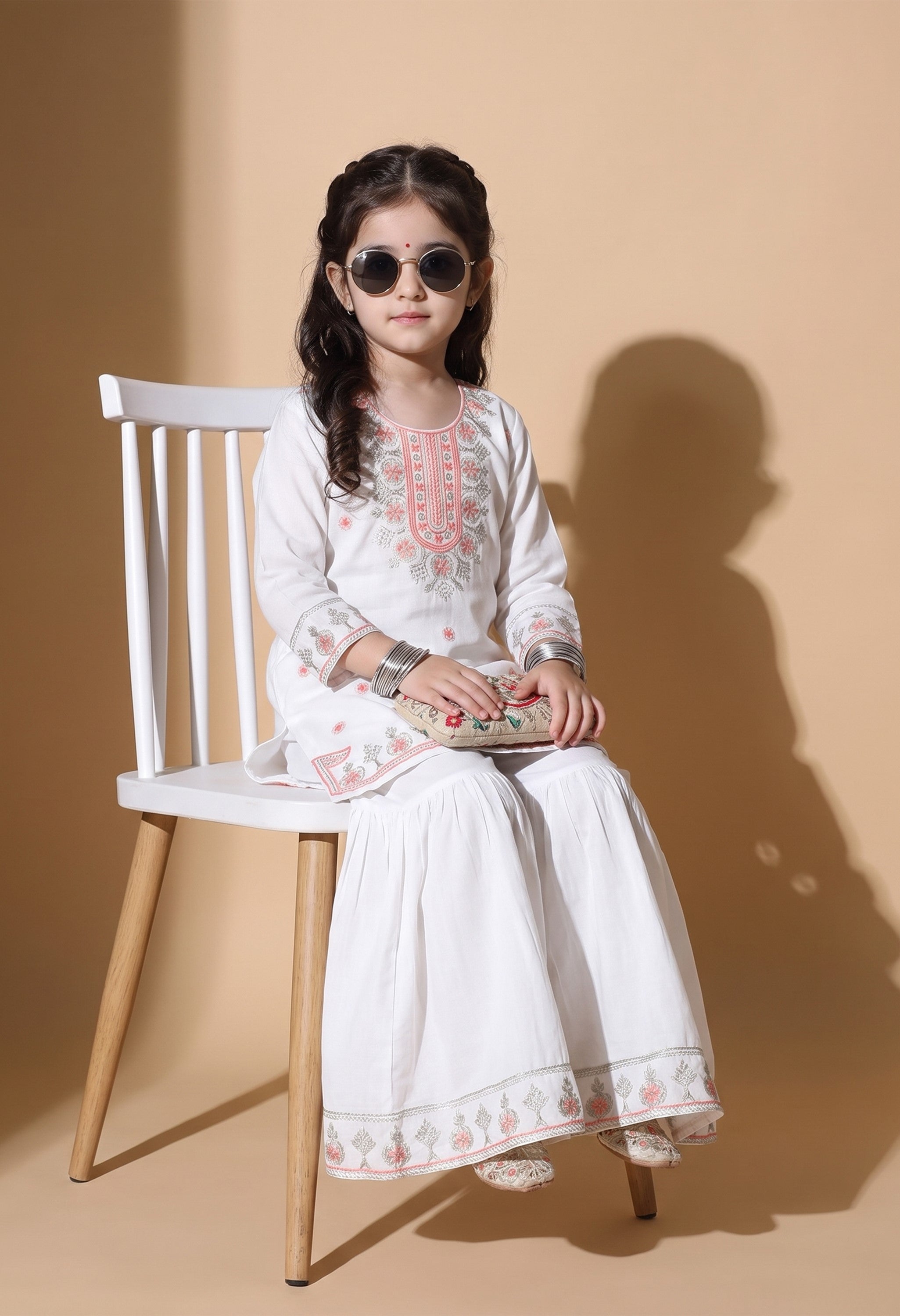 Bella Moda Girls White Embroidered Kurta with Sharara Set AUETH819AD