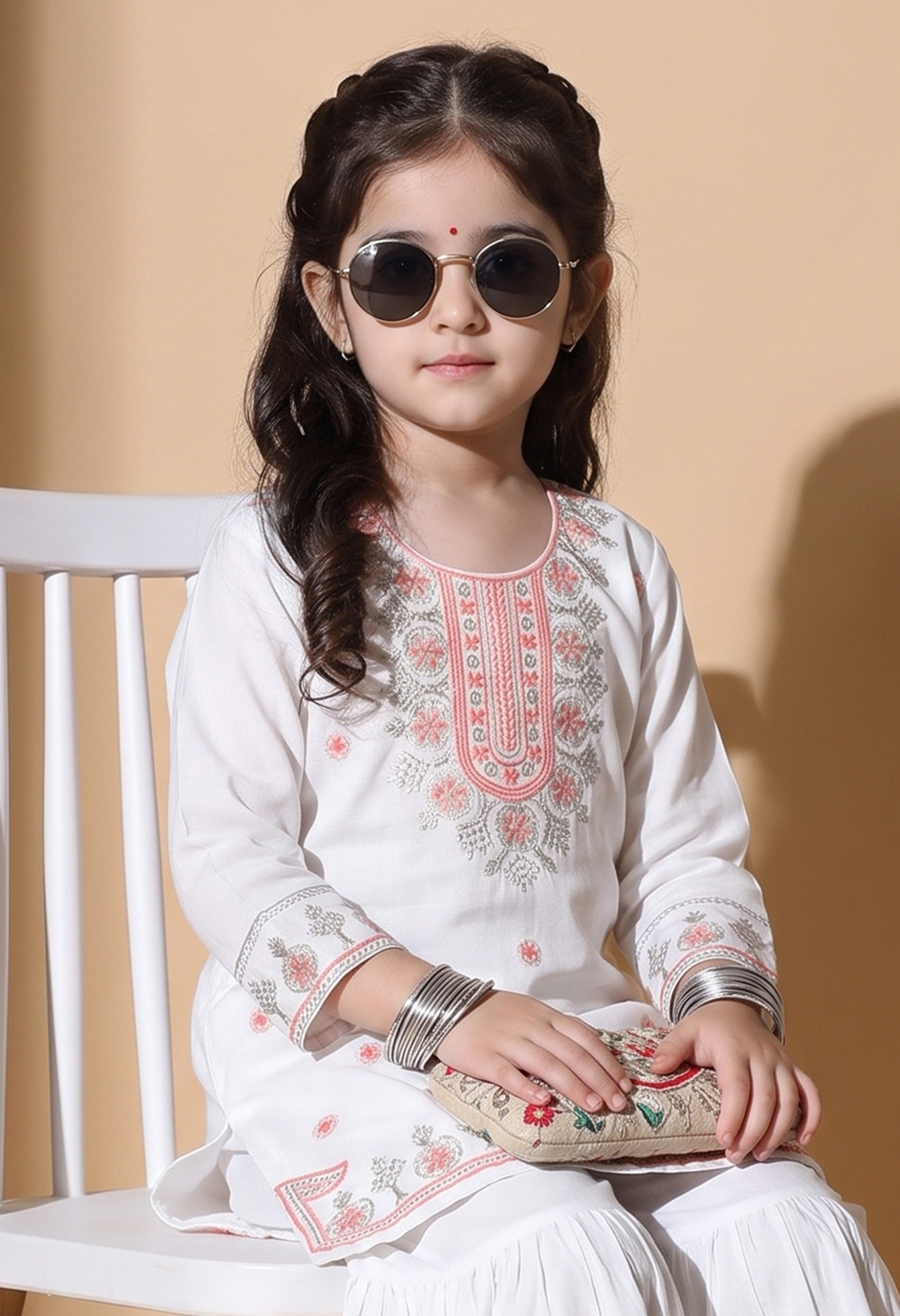 Bella Moda Girls White Embroidered Kurta with Sharara Set AUETH819AD