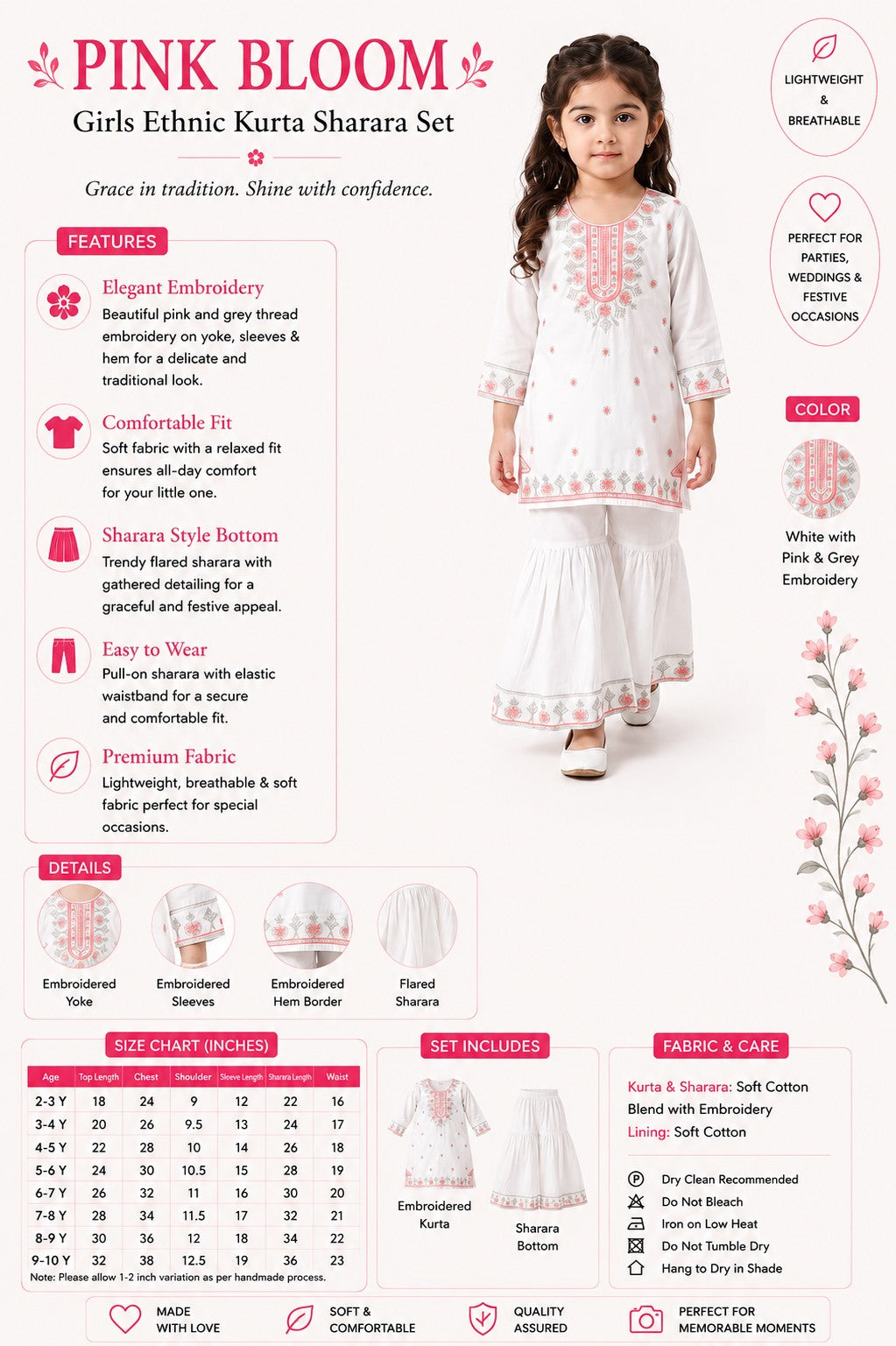 Bella Moda Girls White Embroidered Kurta with Sharara Set AUETH819AD