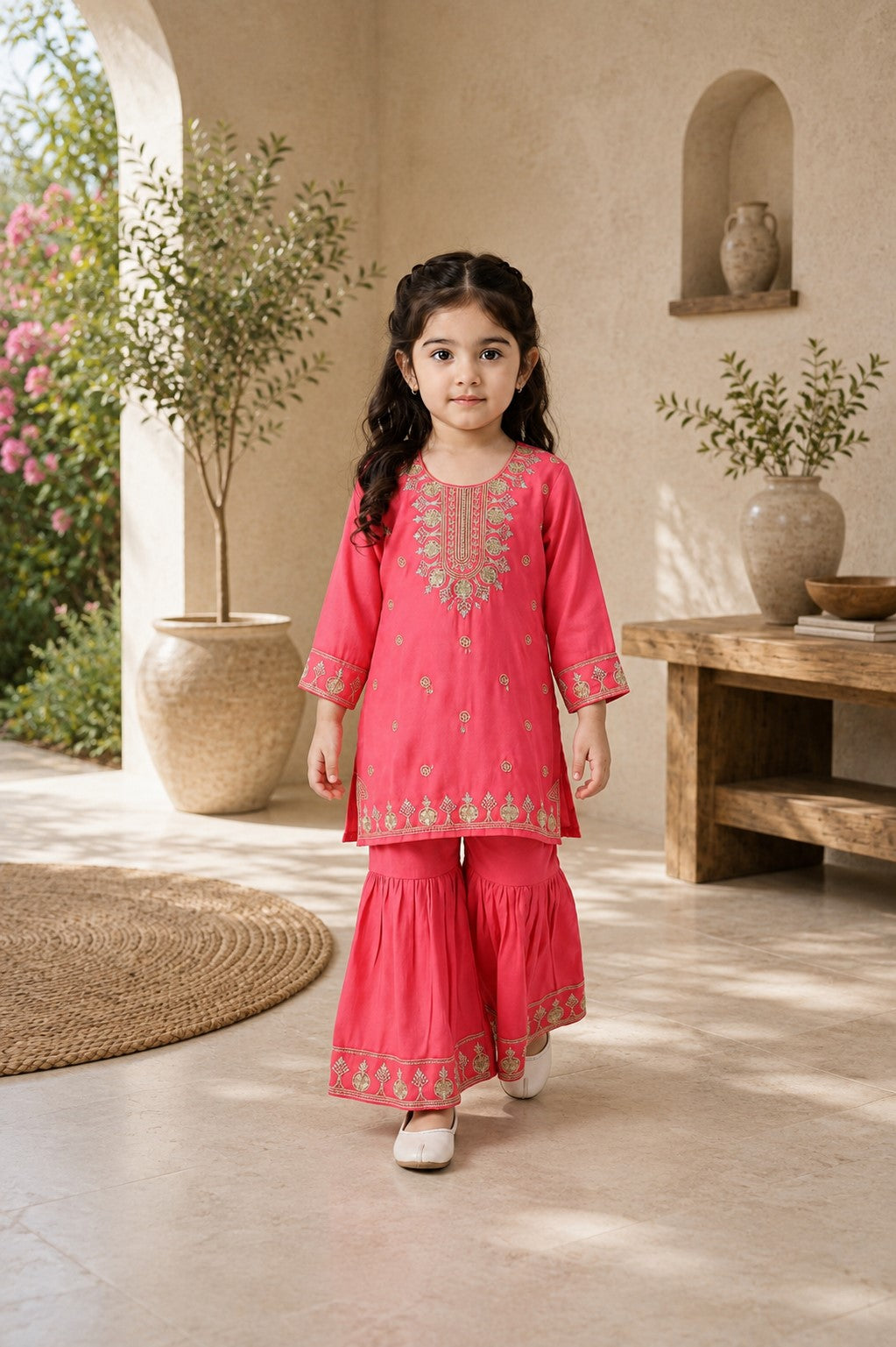 Bella Moda Girls Pink Embroidered Kurta with Sharara Set AUETH820AD