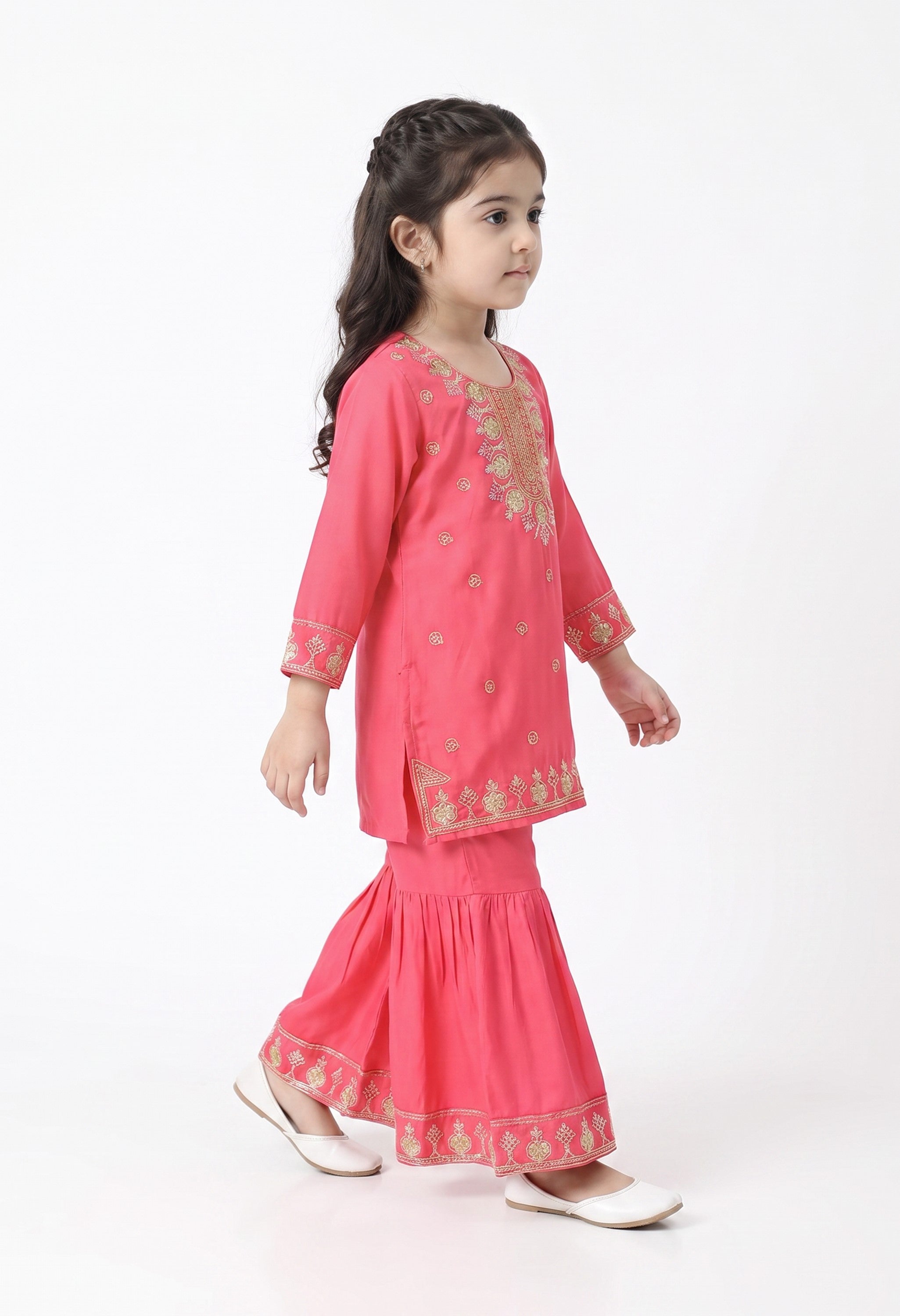 Bella Moda Girls Pink Embroidered Kurta with Sharara Set AUETH820AD
