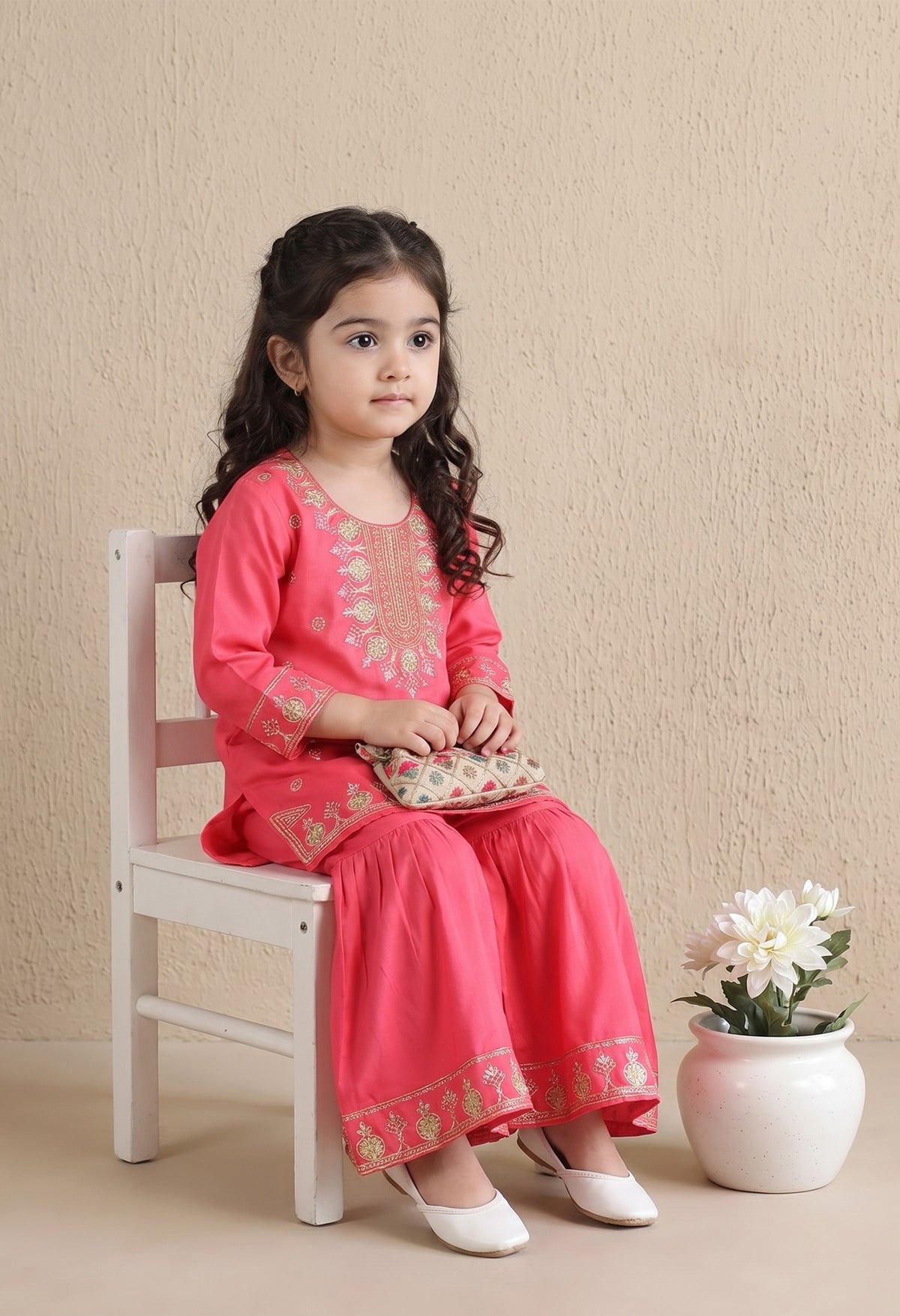 Bella Moda Girls Pink Embroidered Kurta with Sharara Set AUETH820AD