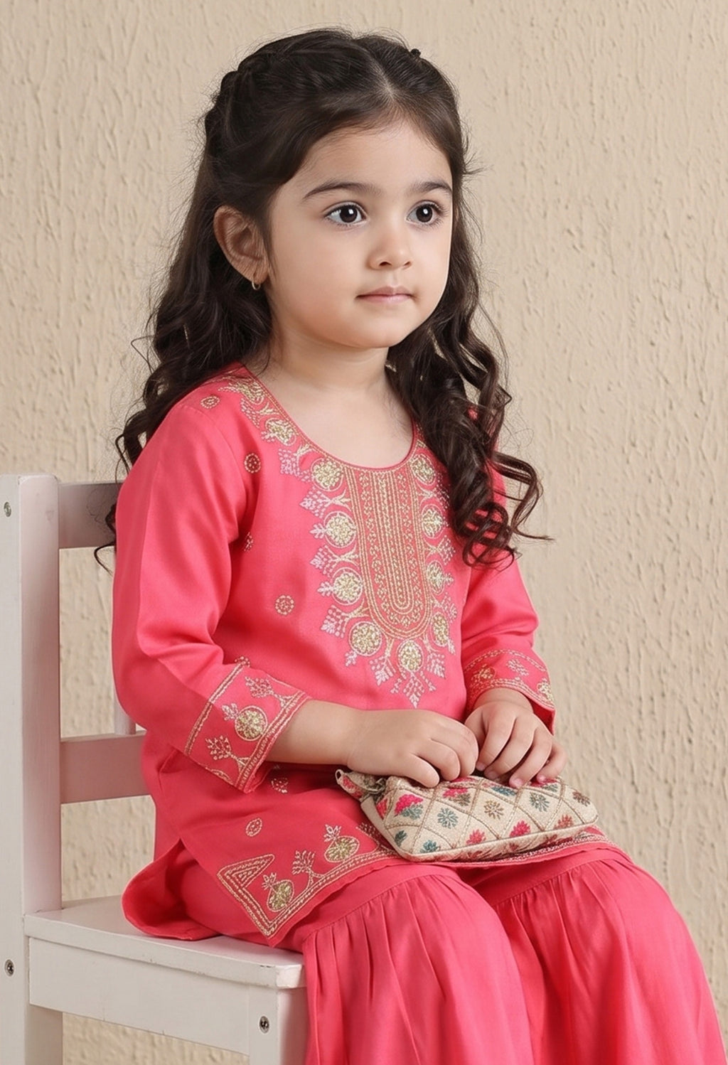 Bella Moda Girls Pink Embroidered Kurta with Sharara Set AUETH820AD