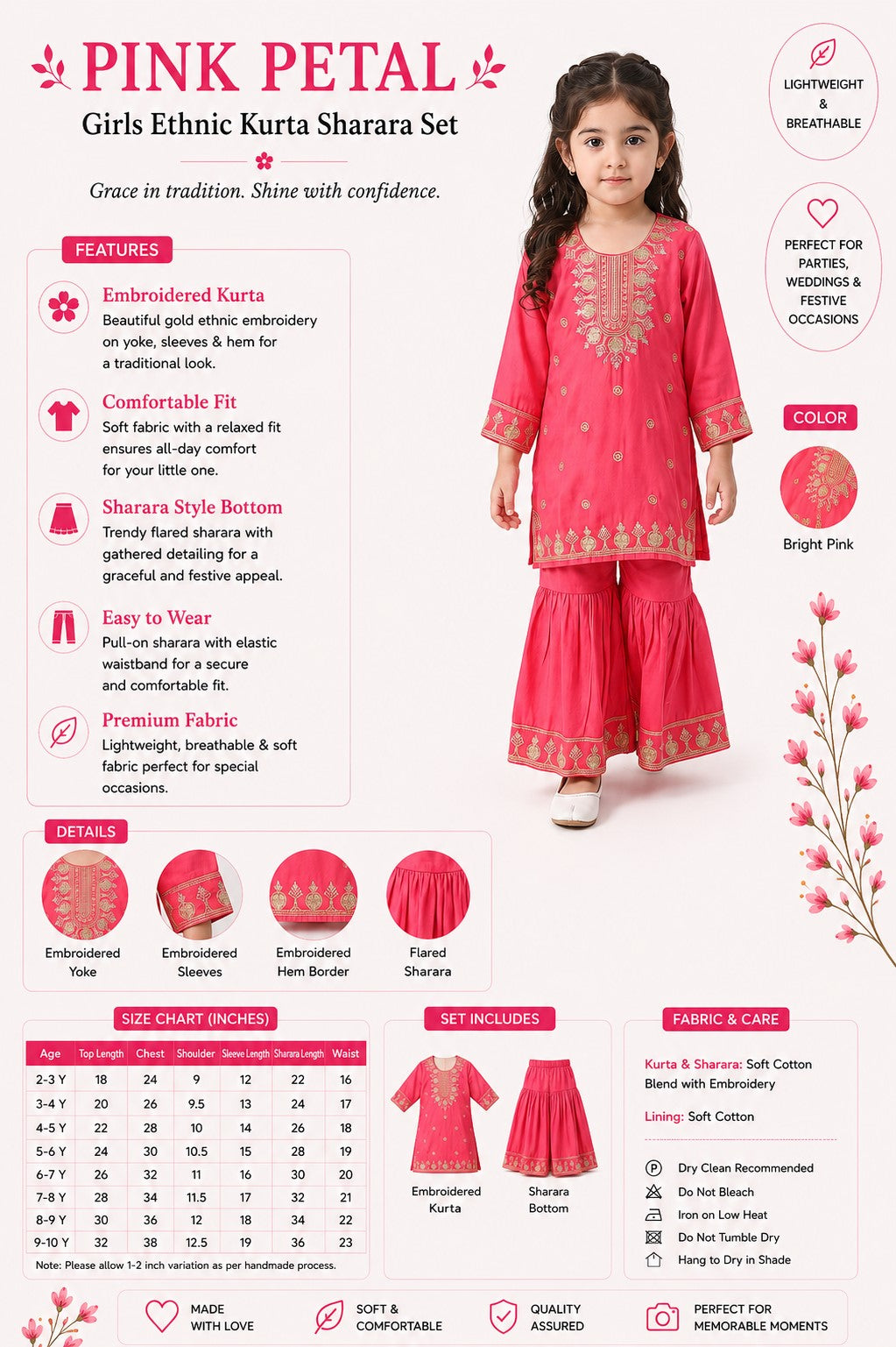 Bella Moda Girls Pink Embroidered Kurta with Sharara Set AUETH820AD