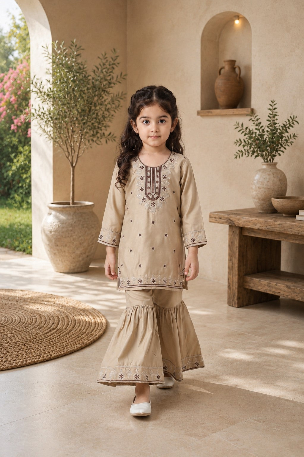 Bella Moda Girls Beige Embroidered Kurta with Sharara Set AUETH821AD