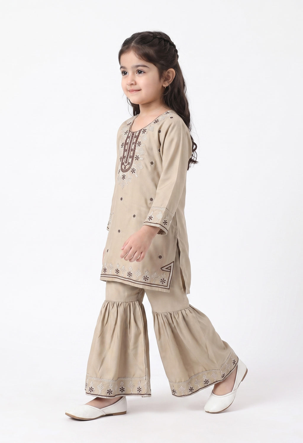 Bella Moda Girls Beige Embroidered Kurta with Sharara Set AUETH821AD