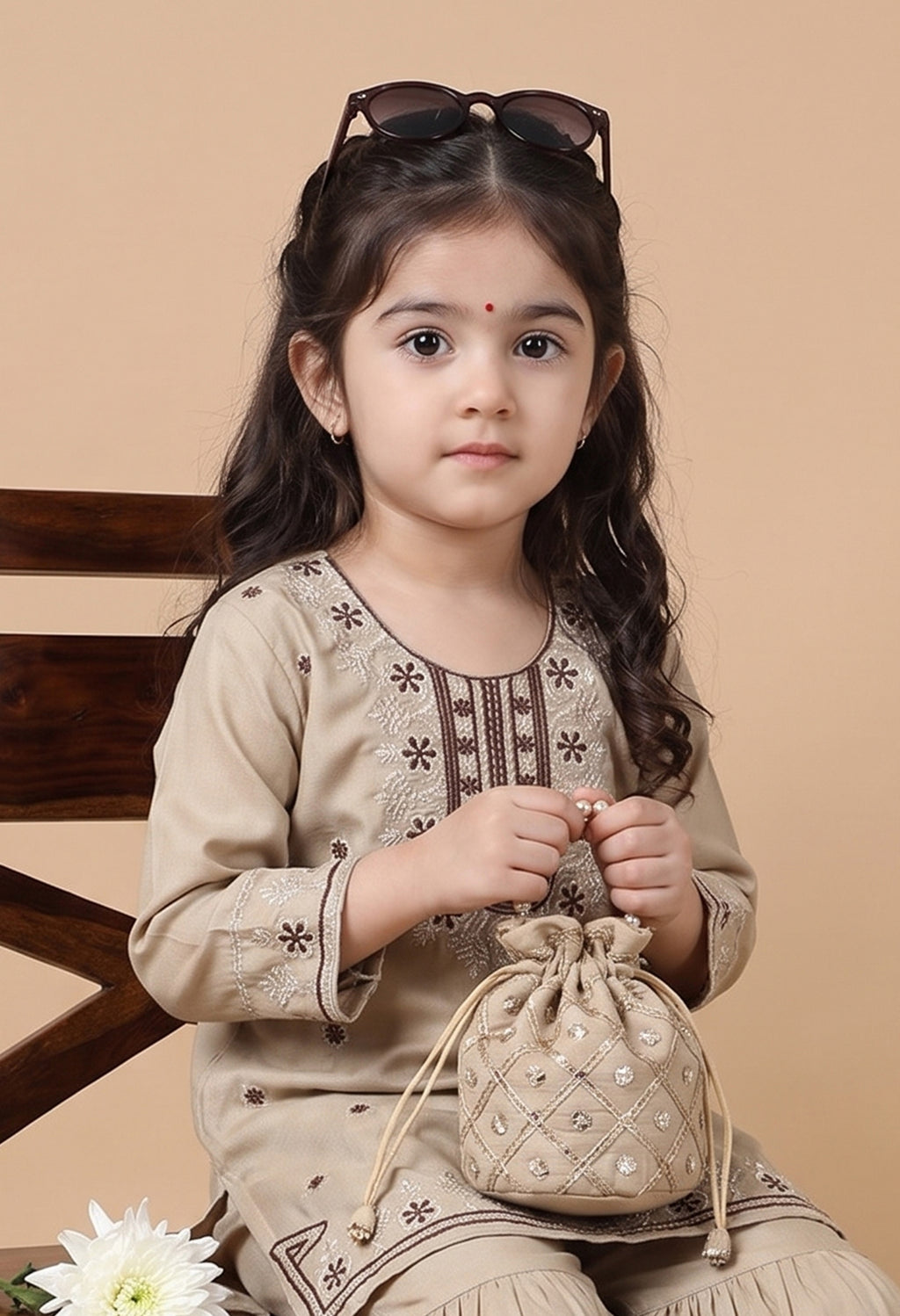 Bella Moda Girls Beige Embroidered Kurta with Sharara Set AUETH821AD