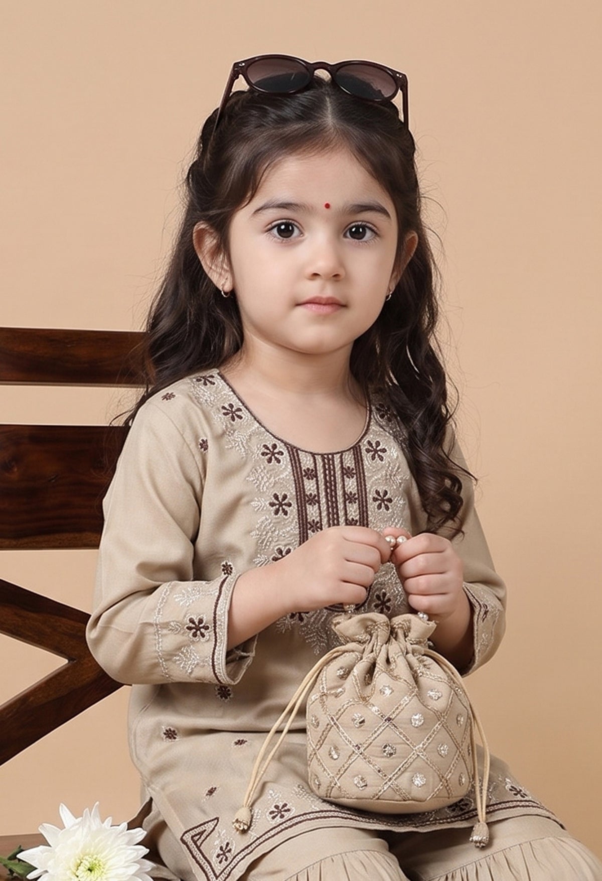 Bella Moda Girls Beige Embroidered Kurta with Sharara Set AUETH821AD