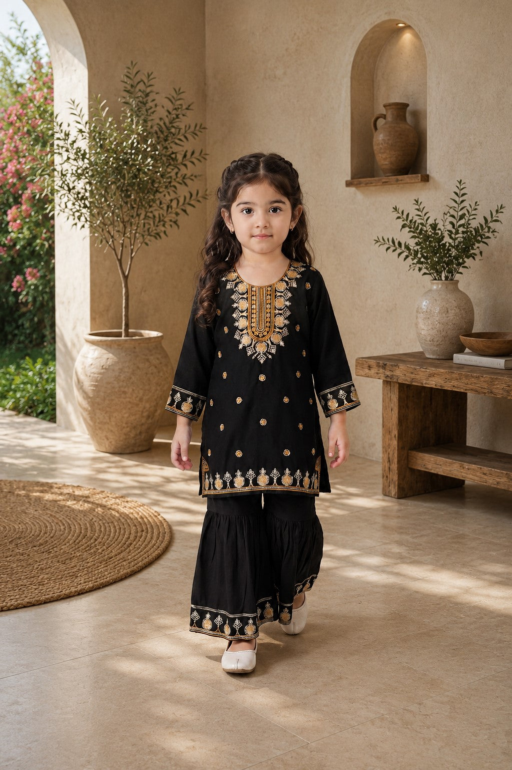 Bella Moda Girls Black & Gold Embroidered Kurta with Sharara Set AUETH822AD