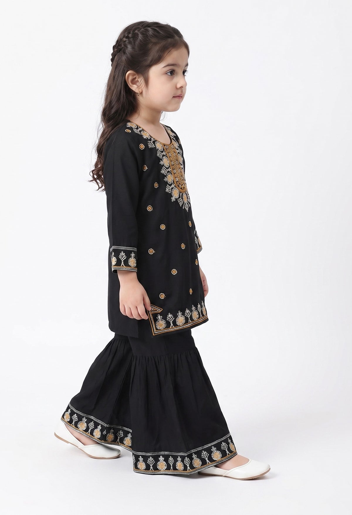 Bella Moda Girls Beige Embroidered Kurta with Sharara Set-AUETH821AD