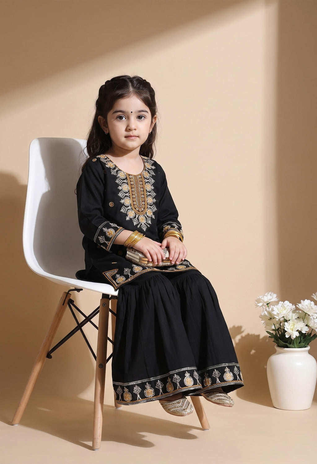 Bella Moda Girls Black & Gold Embroidered Kurta with Sharara Set AUETH822AD