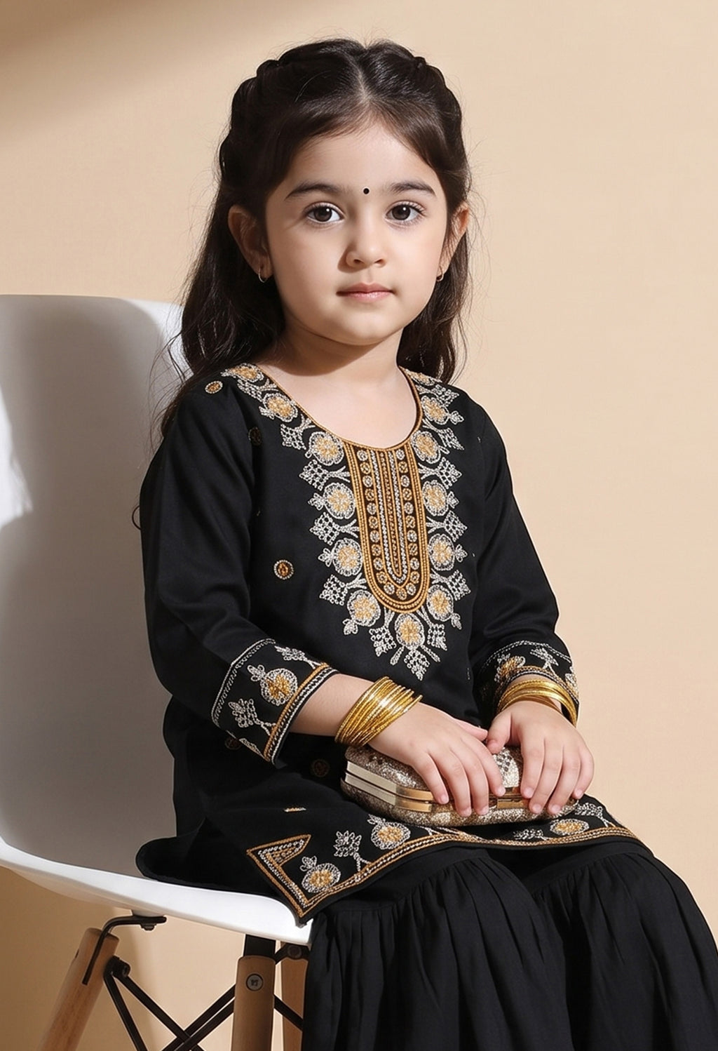 Bella Moda Girls Black & Gold Embroidered Kurta with Sharara Set AUETH822AD