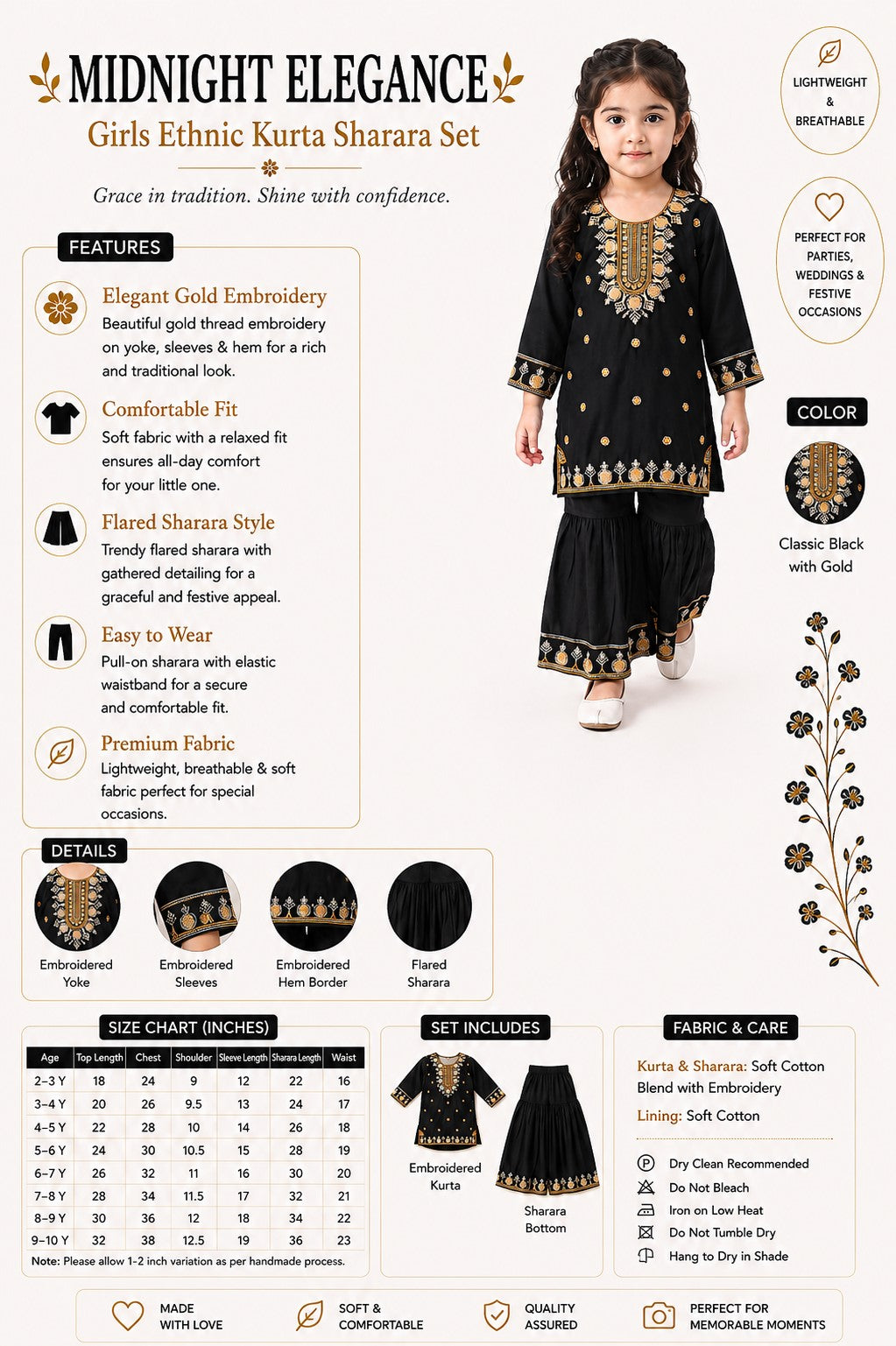 Bella Moda Girls Black & Gold Embroidered Kurta with Sharara Set AUETH822AD