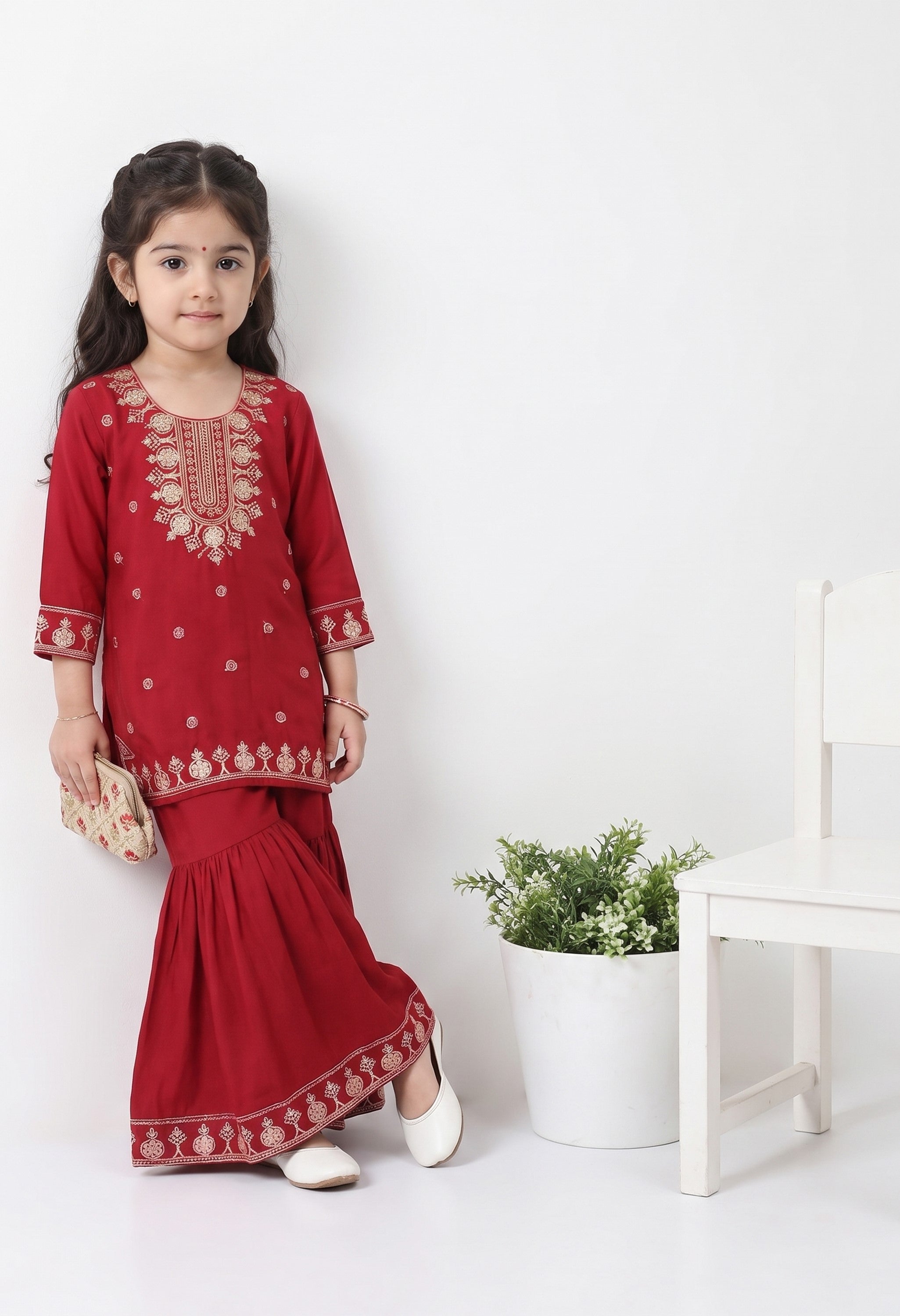 Bella Moda Girls Red Embroidered Kurta with Sharara Set AUETH823AD