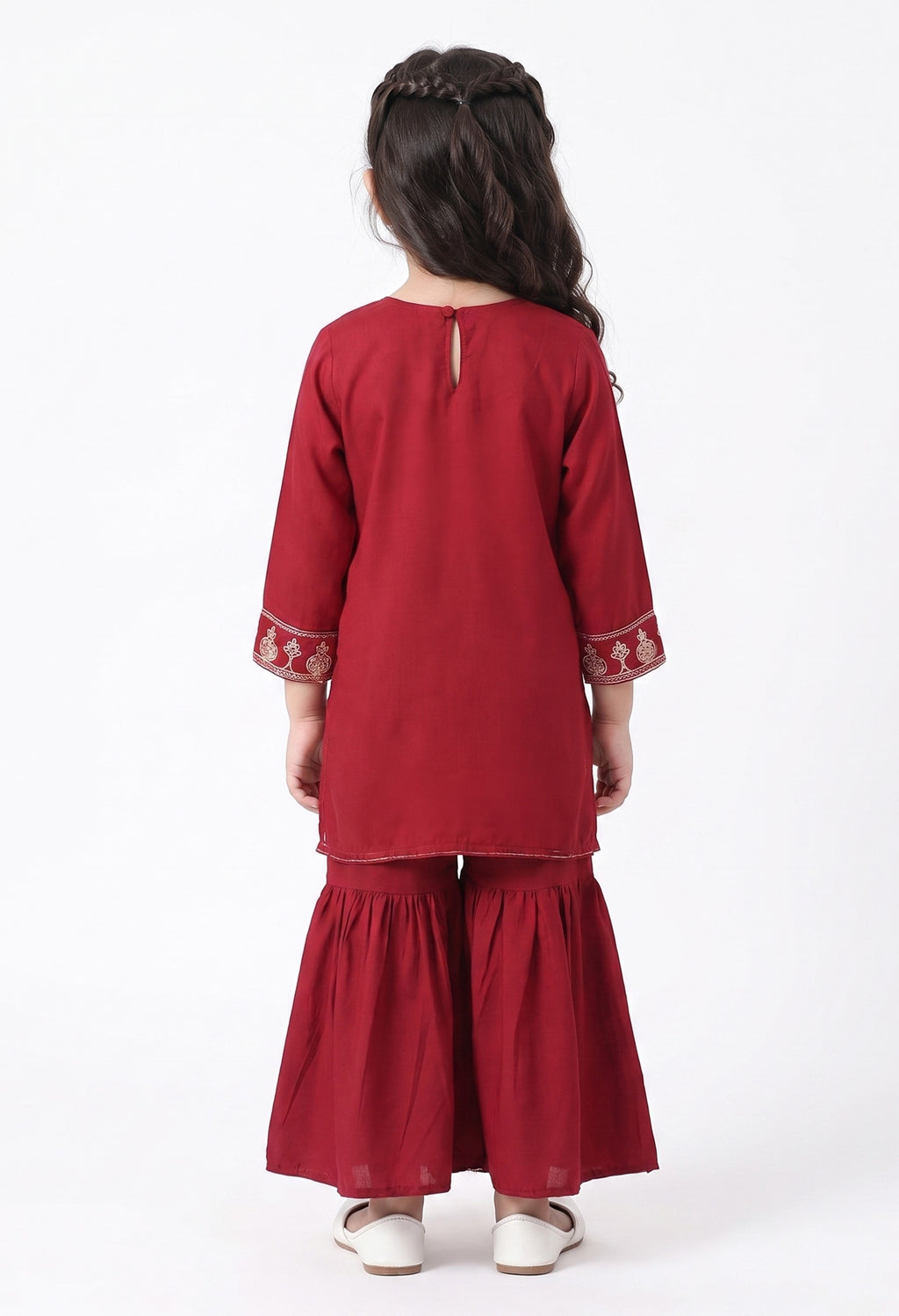 Bella Moda Girls Red Embroidered Kurta with Sharara Set AUETH823AD