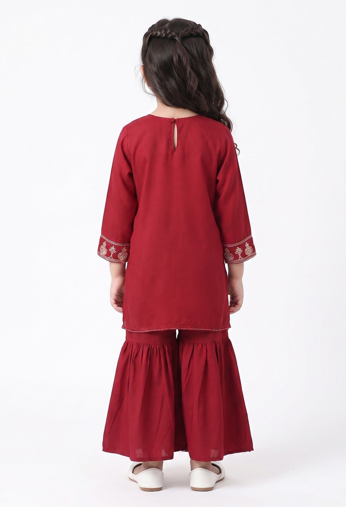Bella Moda Girls Red Embroidered Kurta with Sharara Set AUETH823AD