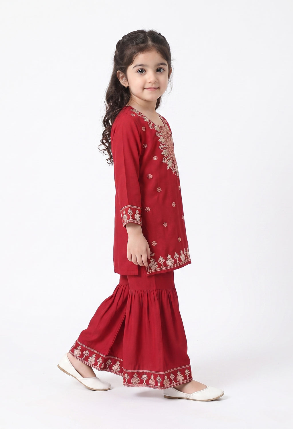 Bella Moda Girls Red Embroidered Kurta with Sharara Set AUETH823AD