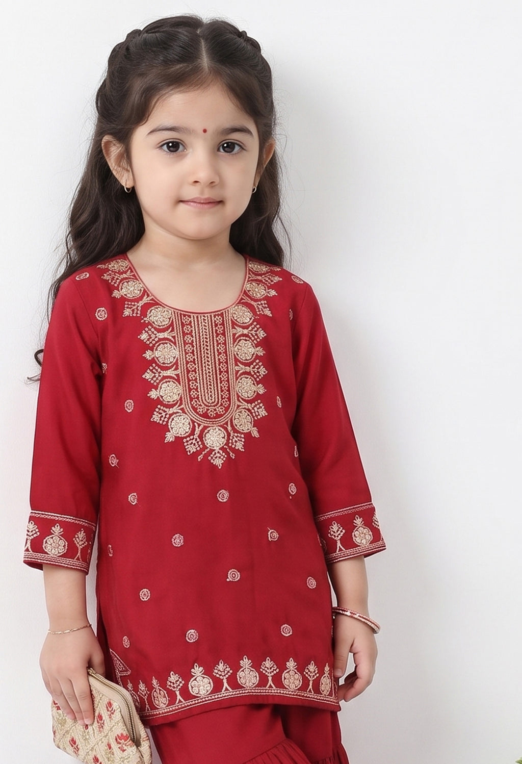 Bella Moda Girls Red Embroidered Kurta with Sharara Set AUETH823AD