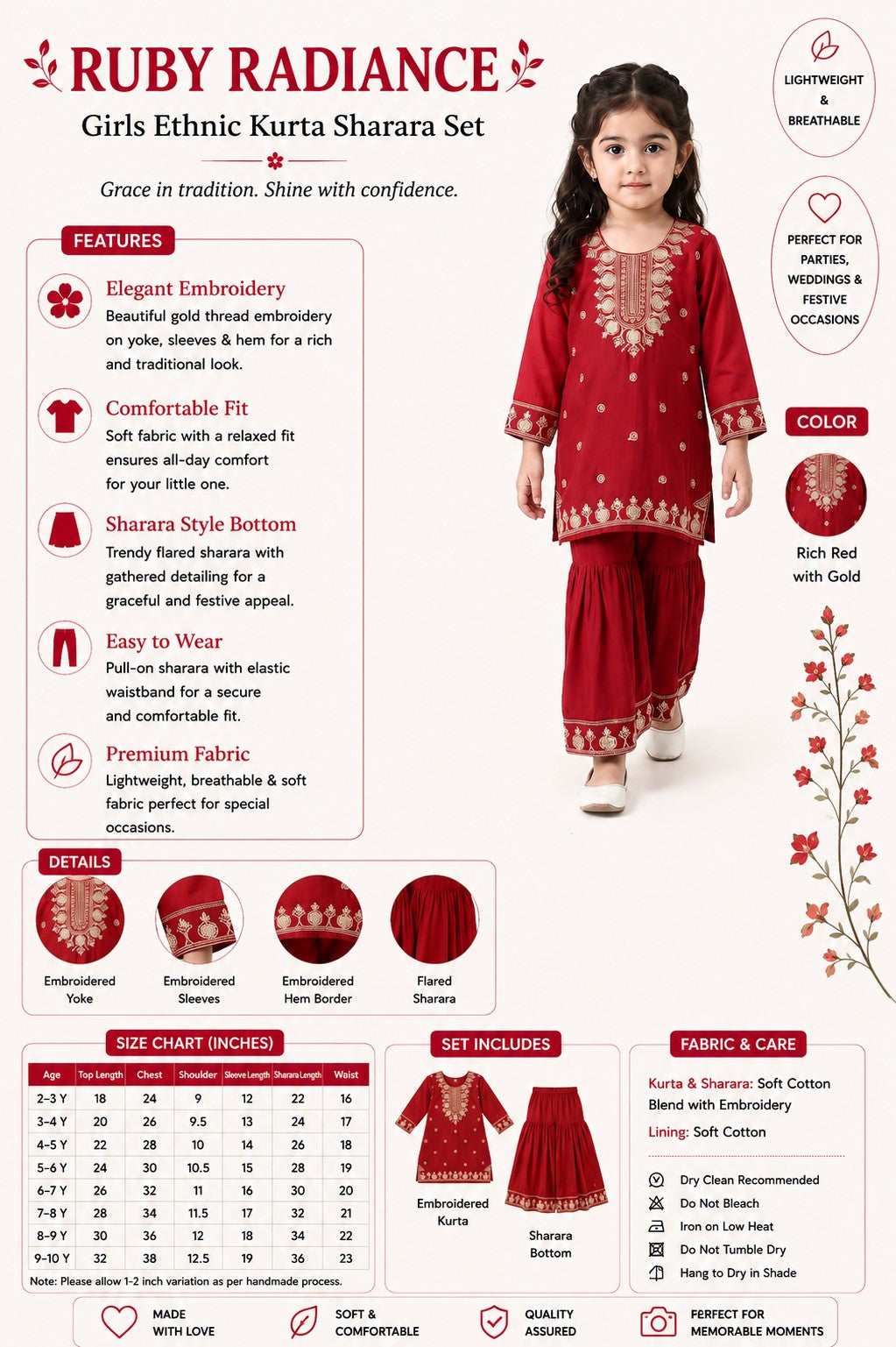 Bella Moda Girls Red Embroidered Kurta with Sharara Set AUETH823AD