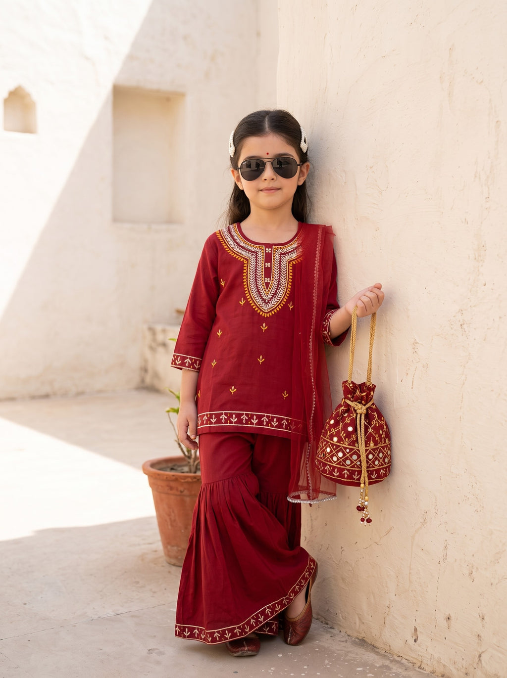 Bella Moda Girls Traditional Embroidered Kurta Sharara Set with Dupatta- AUETH830AD