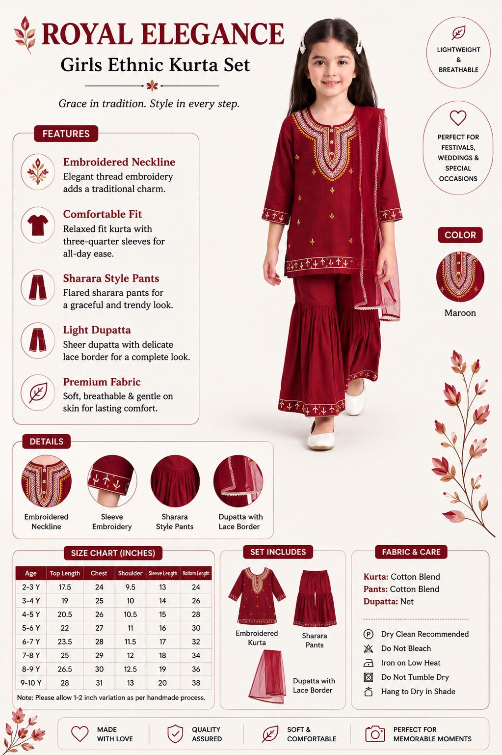 Bella Moda Girls Traditional Embroidered Kurta Sharara Set with Dupatta- AUETH830AD