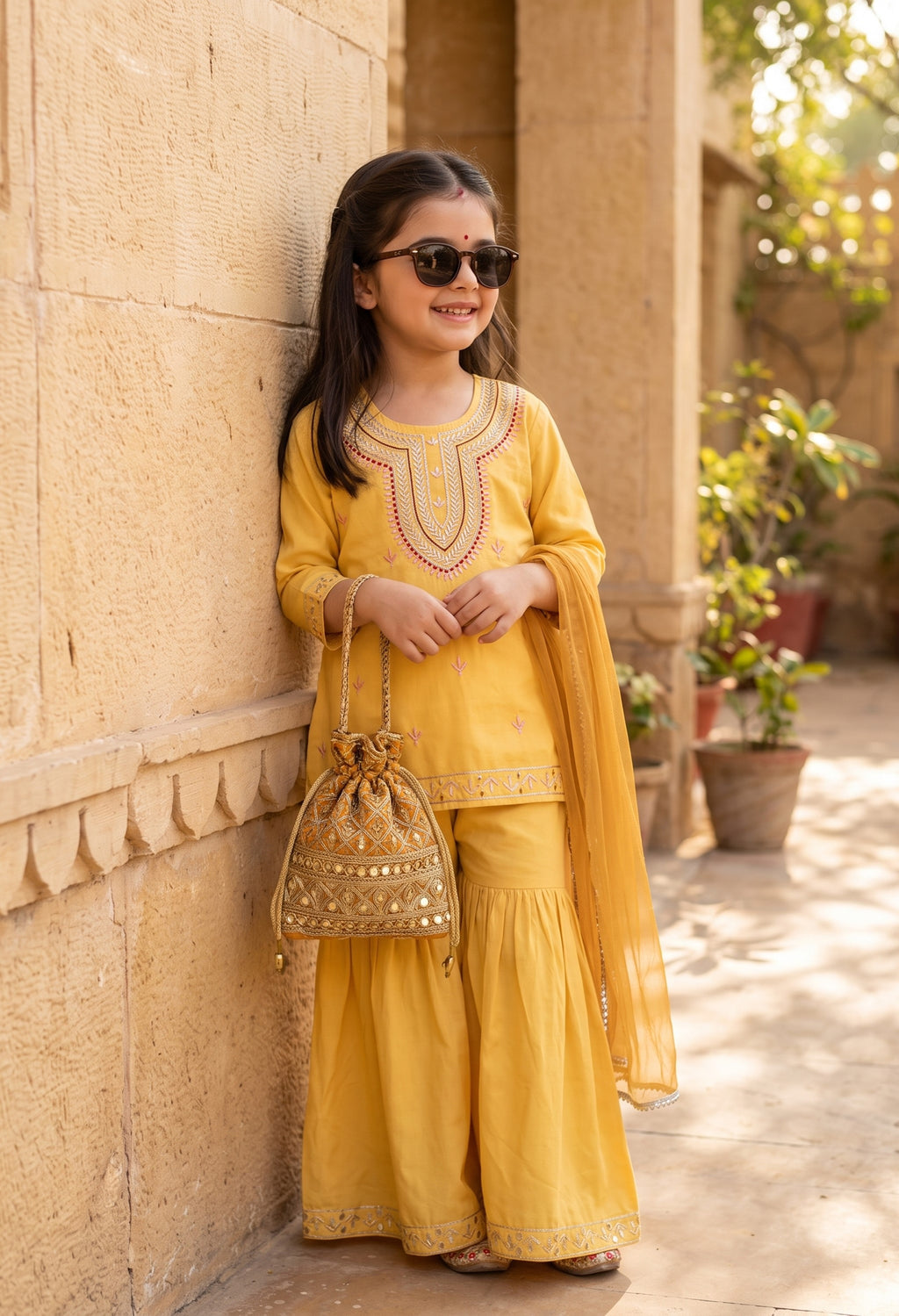 Bella Moda Girls Traditional Embroidered Kurta Sharara Set with Dupatta- AUETH833AD