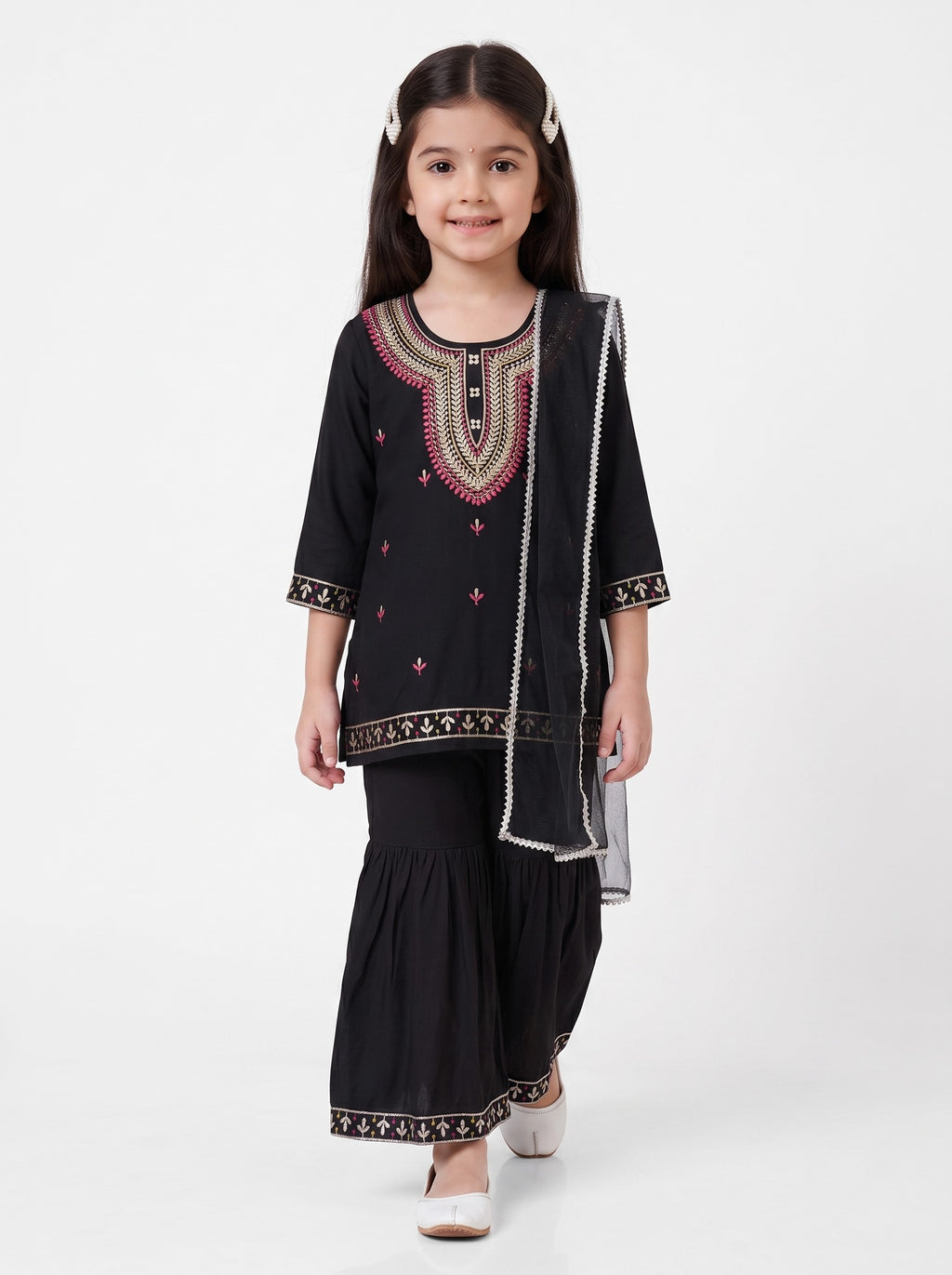 Bella Moda Girls Traditional Embroidered Kurta Sharara Set with Dupatta- AUETH834AD