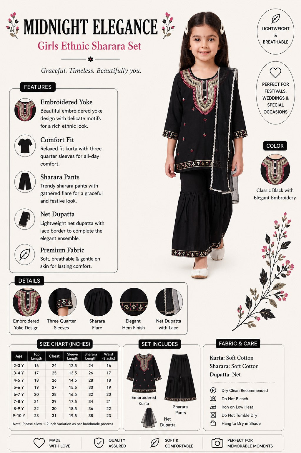 Bella Moda Girls Traditional Embroidered Kurta Sharara Set with Dupatta- AUETH834AD