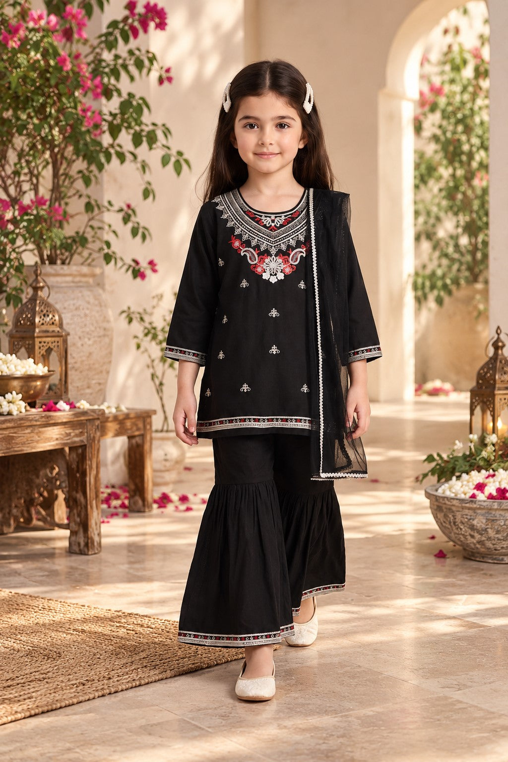 Bella Moda Girls Traditional Embroidered Kurta Sharara Set with Dupatta-AUETH836AD
