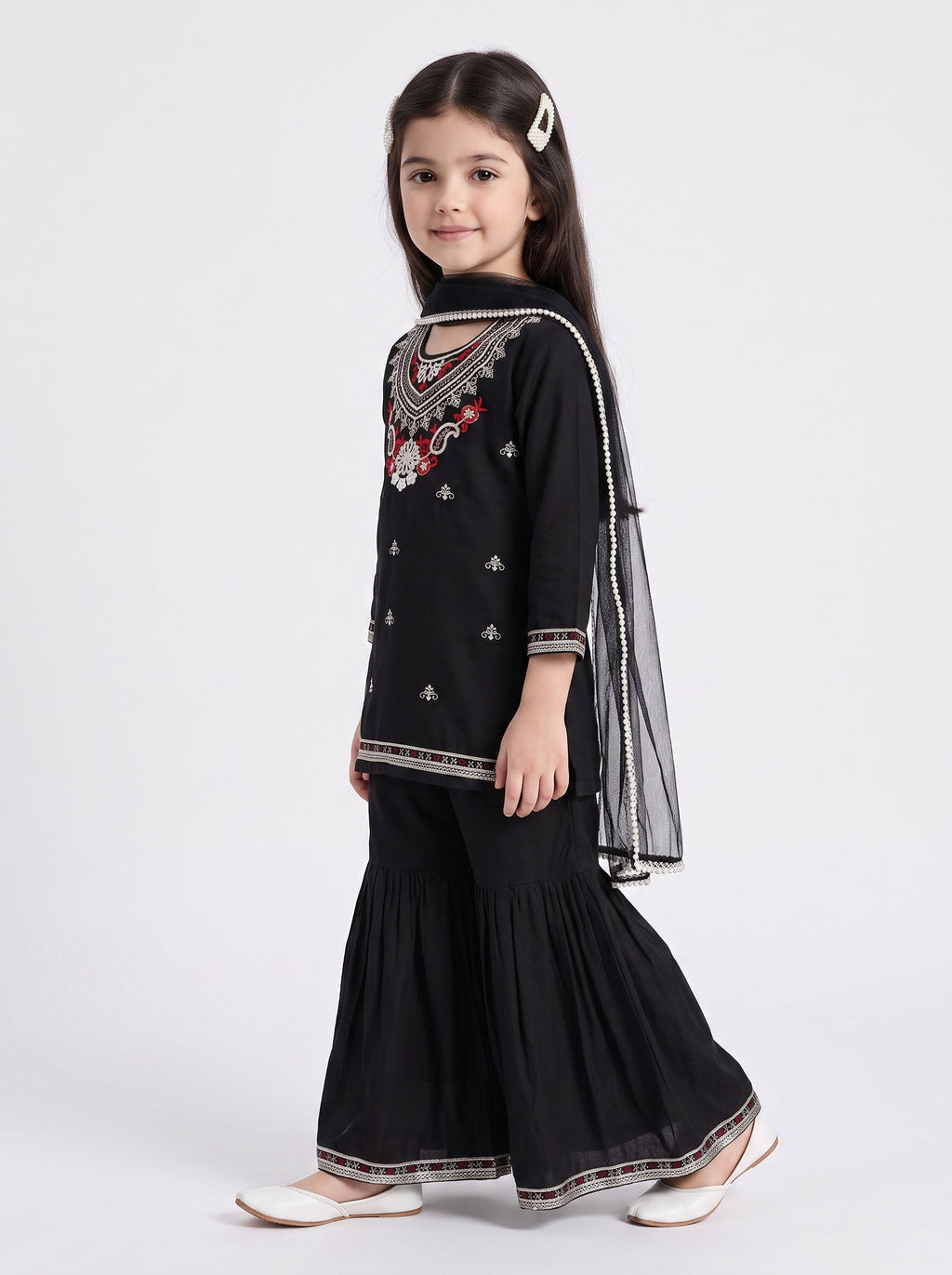 Bella Moda Girls Traditional Embroidered Kurta Sharara Set with Dupatta-AUETH836AD
