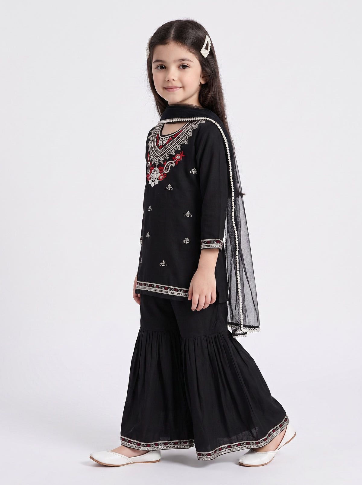 Bella Moda Girls Traditional Embroidered Kurta Sharara Set with Dupatta-AUETH836AD