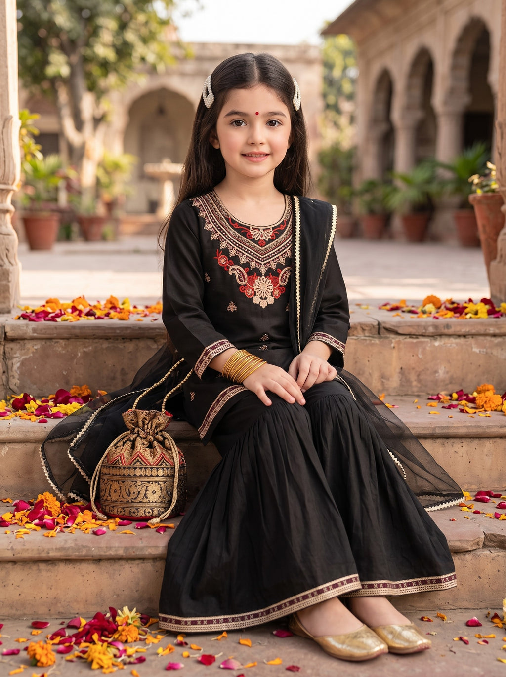Bella Moda Girls Traditional Embroidered Kurta Sharara Set with Dupatta-AUETH836AD