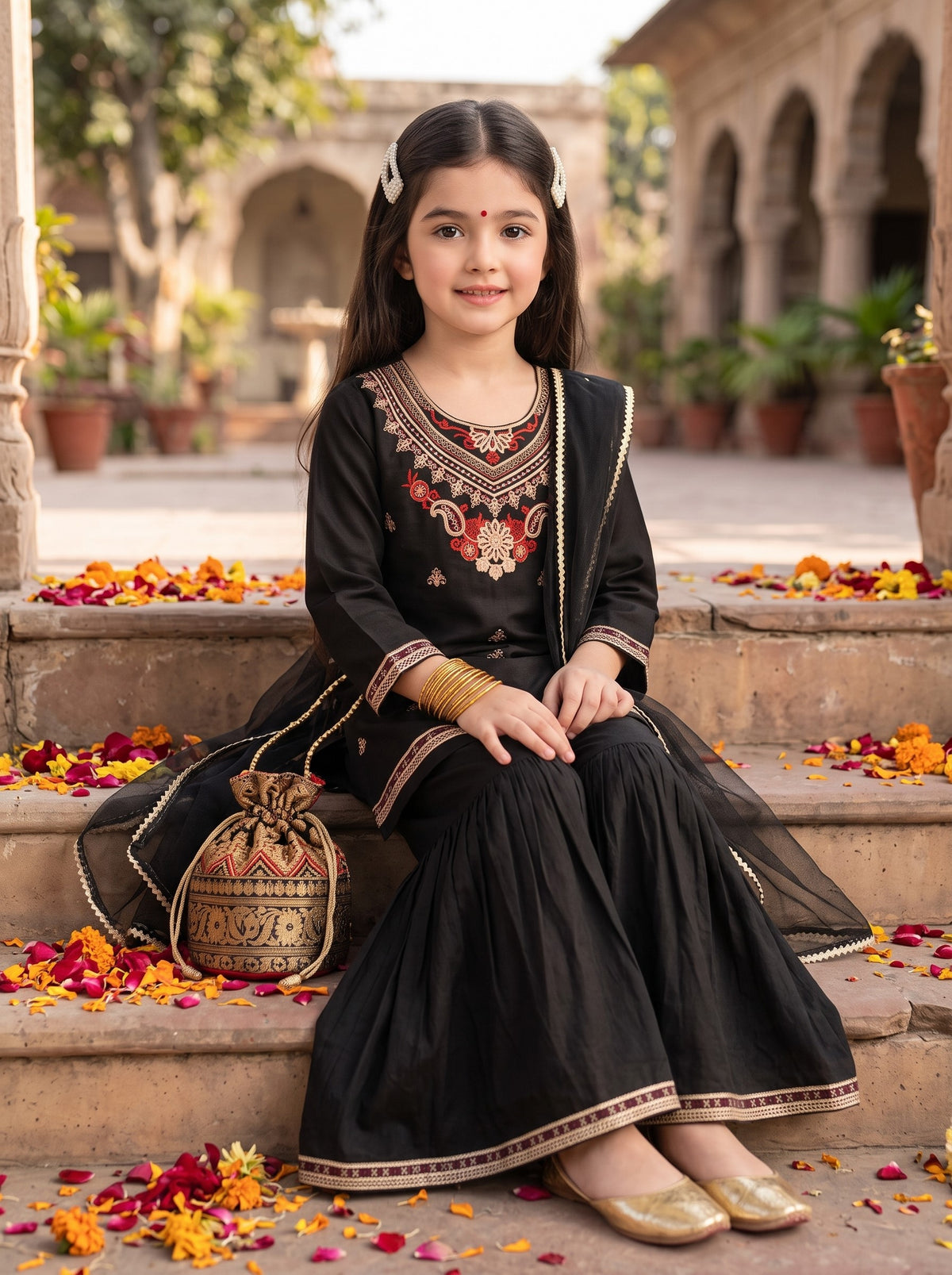 Bella Moda Girls Traditional Embroidered Kurta Sharara Set with Dupatta-AUETH836AD