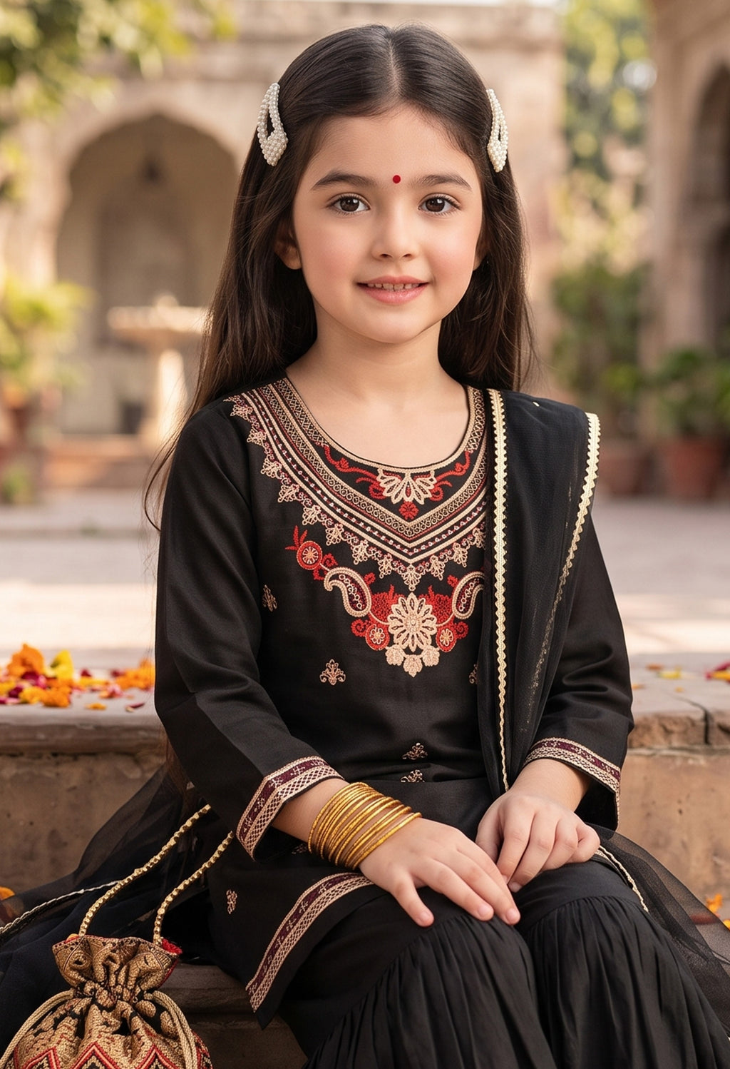 Bella Moda Girls Traditional Embroidered Kurta Sharara Set with Dupatta-AUETH836AD