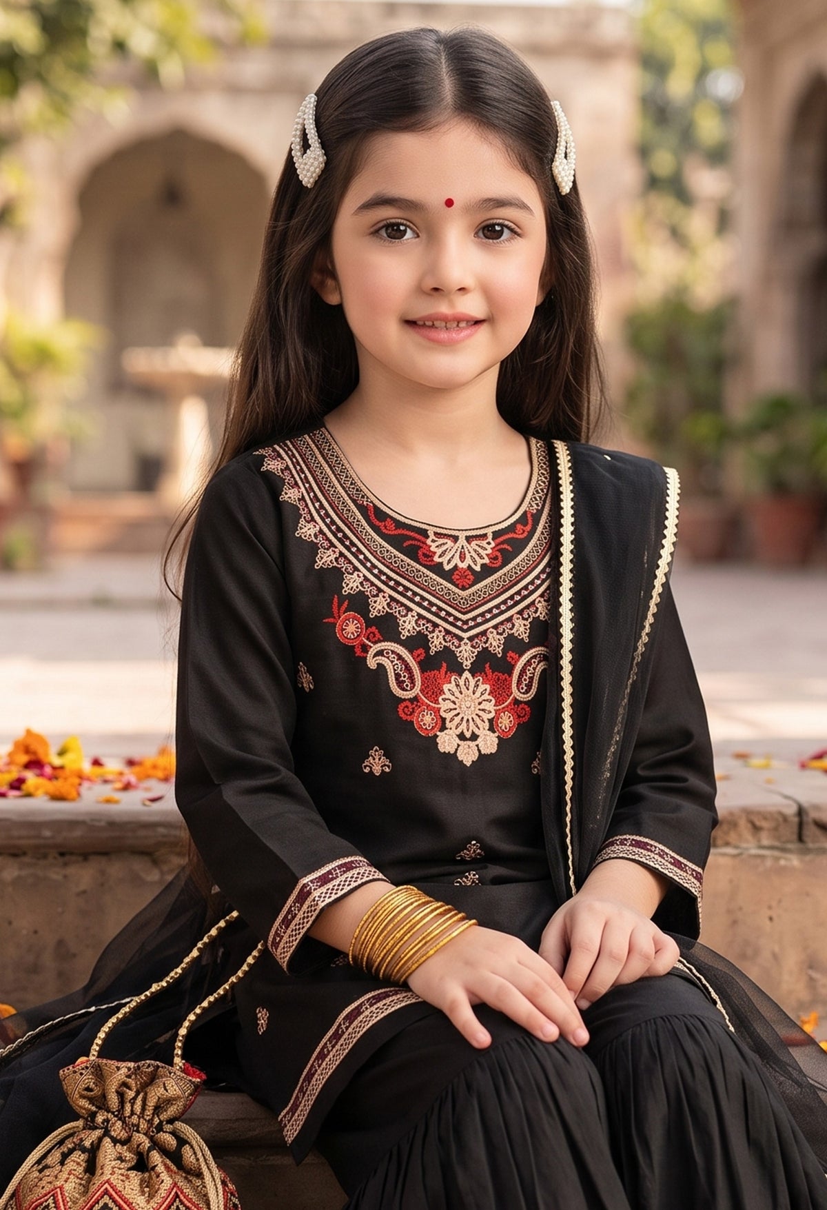 Bella Moda Girls Traditional Embroidered Kurta Sharara Set with Dupatta-AUETH836AD