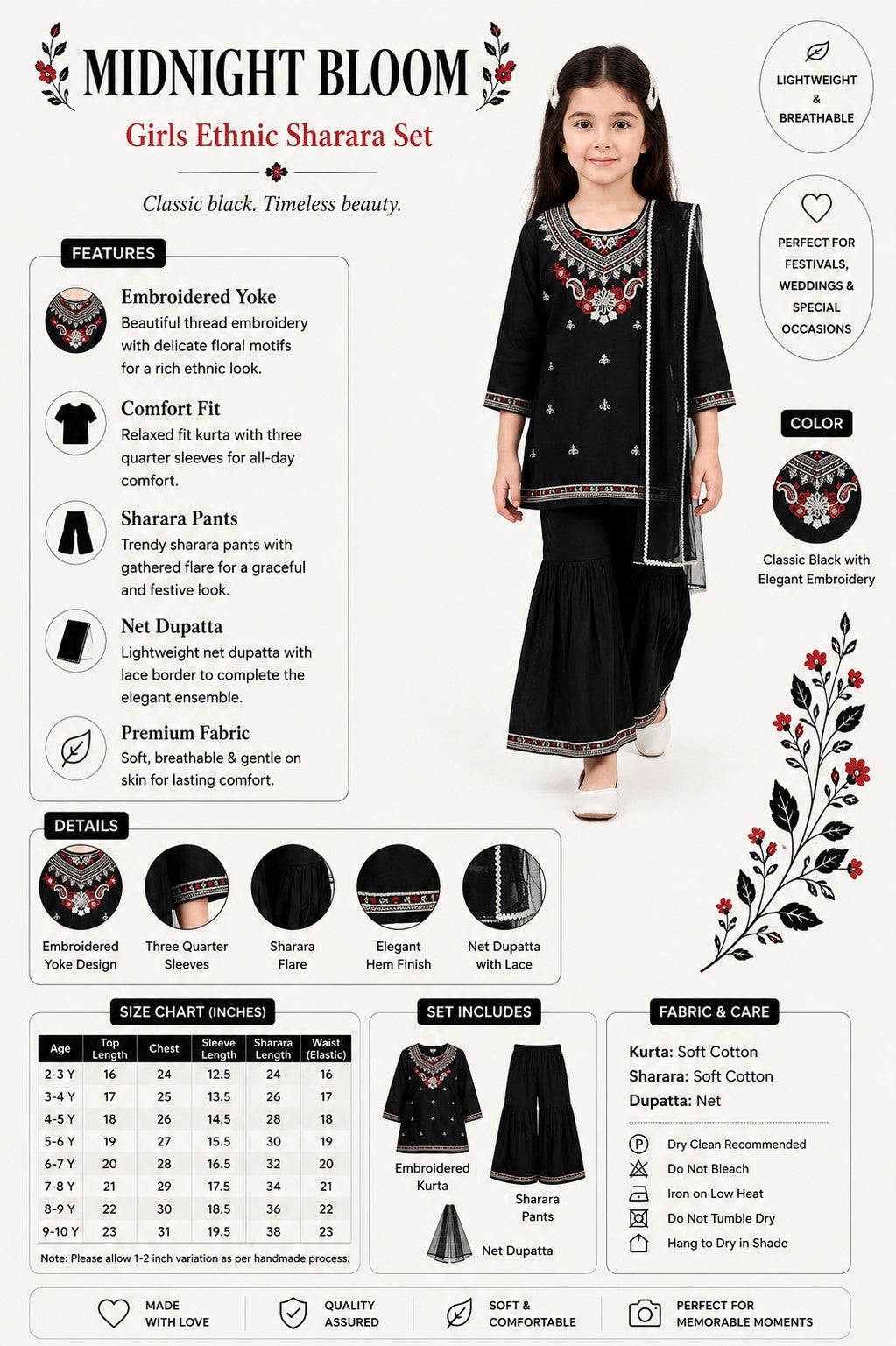Bella Moda Girls Traditional Embroidered Kurta Sharara Set with Dupatta-AUETH836AD