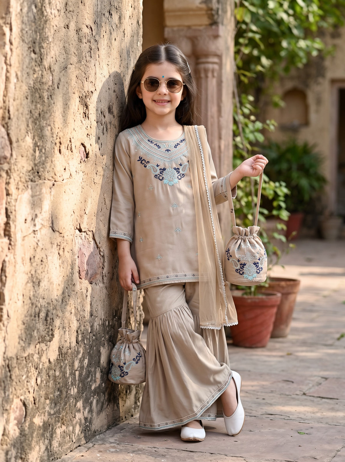 Bella Moda Girls Traditional Embroidered Kurta Sharara Set with Dupatta-AUETH837AD