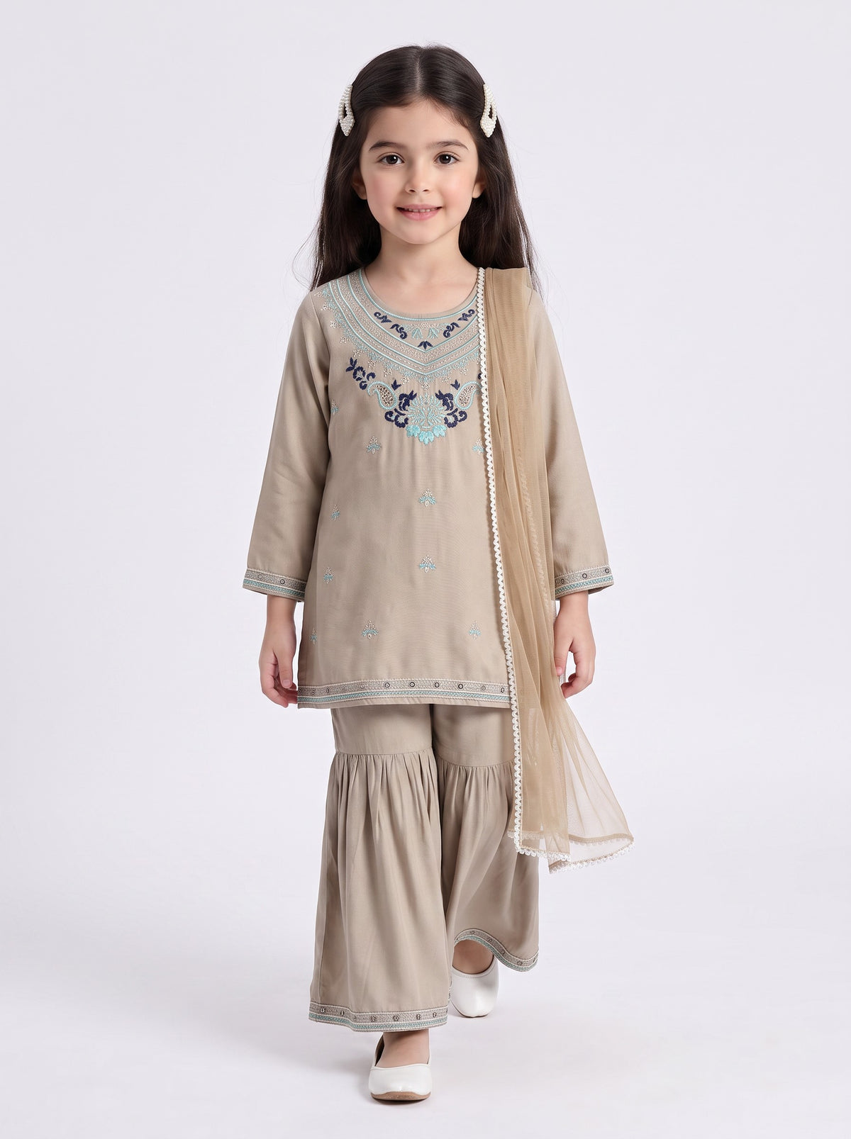 Bella Moda Girls Traditional Embroidered Kurta Sharara Set with Dupatta-AUETH837AD