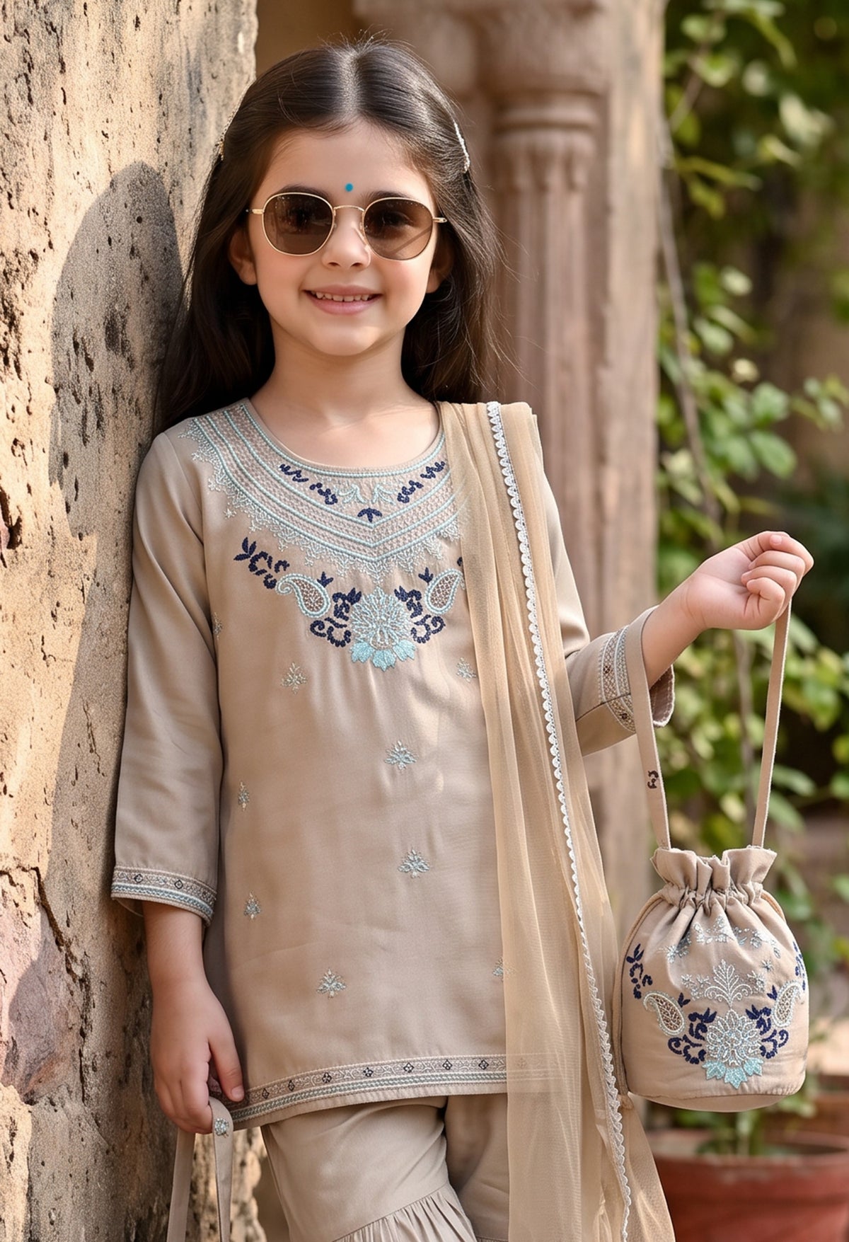 Bella Moda Girls Traditional Embroidered Kurta Sharara Set with Dupatta-AUETH837AD