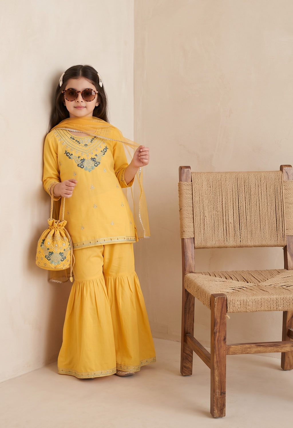 Bella Moda Girls Traditional Embroidered Kurta Sharara Set with Dupatta-AUETH839AD