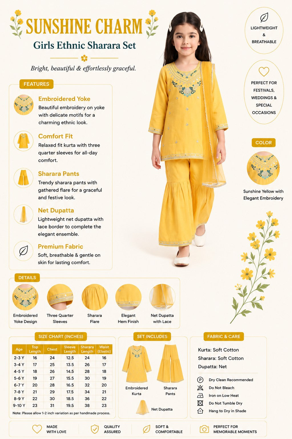 Bella Moda Girls Traditional Embroidered Kurta Sharara Set with Dupatta-AUETH839AD