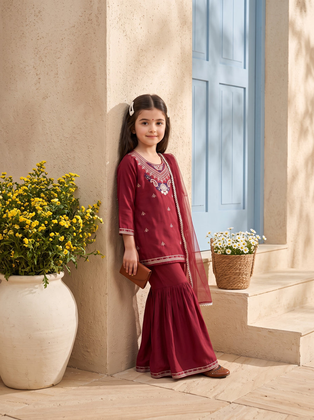 Bella Moda Girls Traditional Embroidered Kurta Sharara Set with Dupatta-AUETH840AD