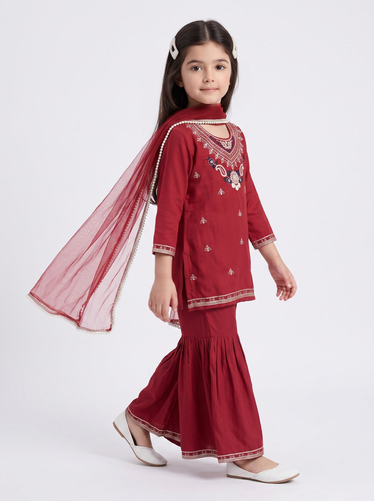 Bella Moda Girls Traditional Embroidered Kurta Sharara Set with Dupatta-AUETH840AD
