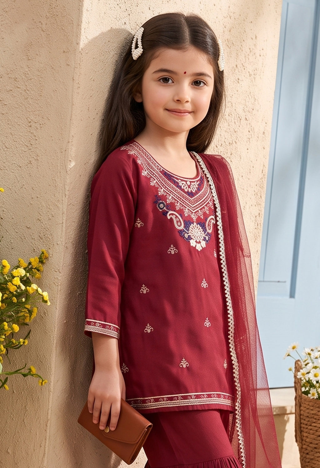 Bella Moda Girls Traditional Embroidered Kurta Sharara Set with Dupatta-AUETH840AD