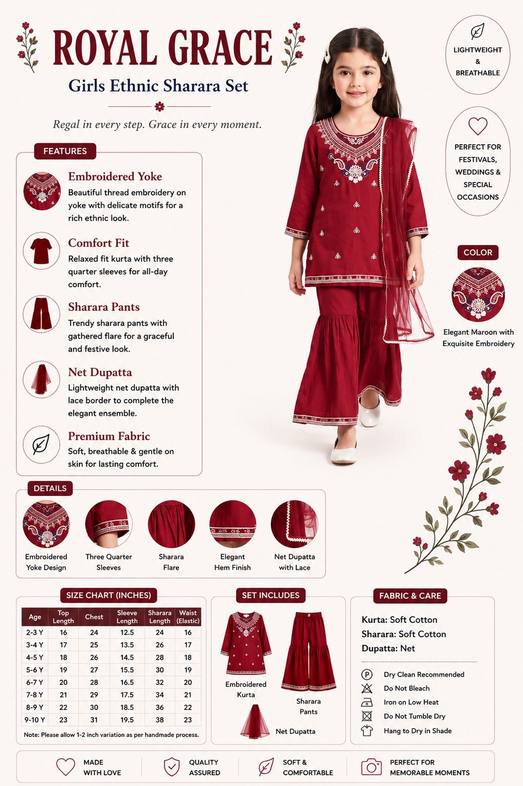 Bella Moda Girls Traditional Embroidered Kurta Sharara Set with Dupatta-AUETH840AD