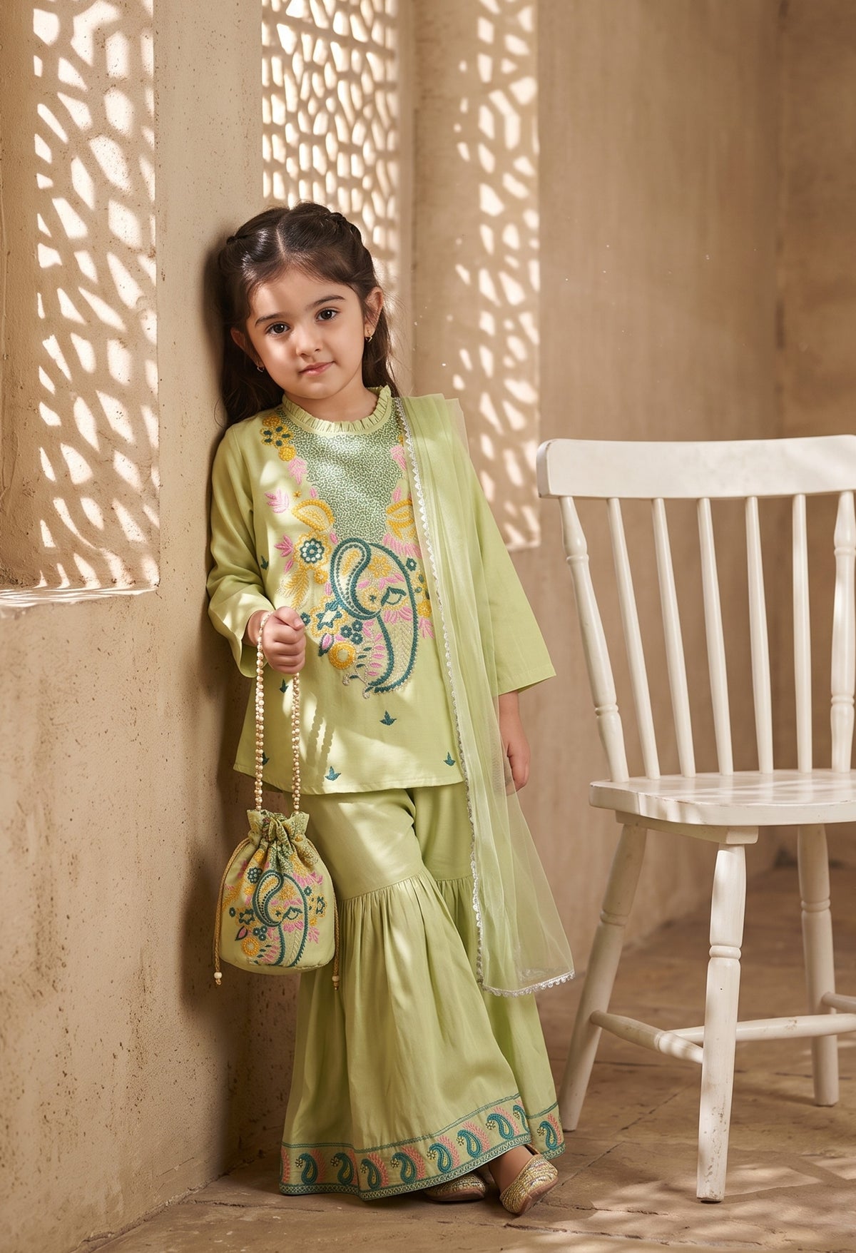 Bella Moda Girls Traditional Embroidered Kurta Sharara Set with Dupatta-AUETH842AD