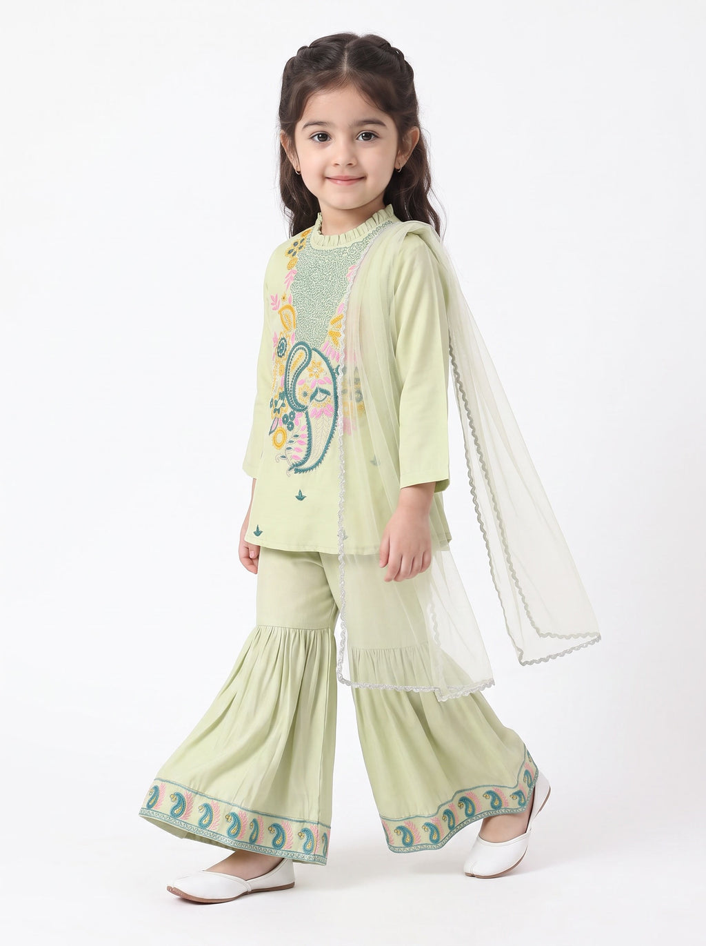 Bella Moda Girls Traditional Embroidered Kurta Sharara Set with Dupatta-AUETH842AD